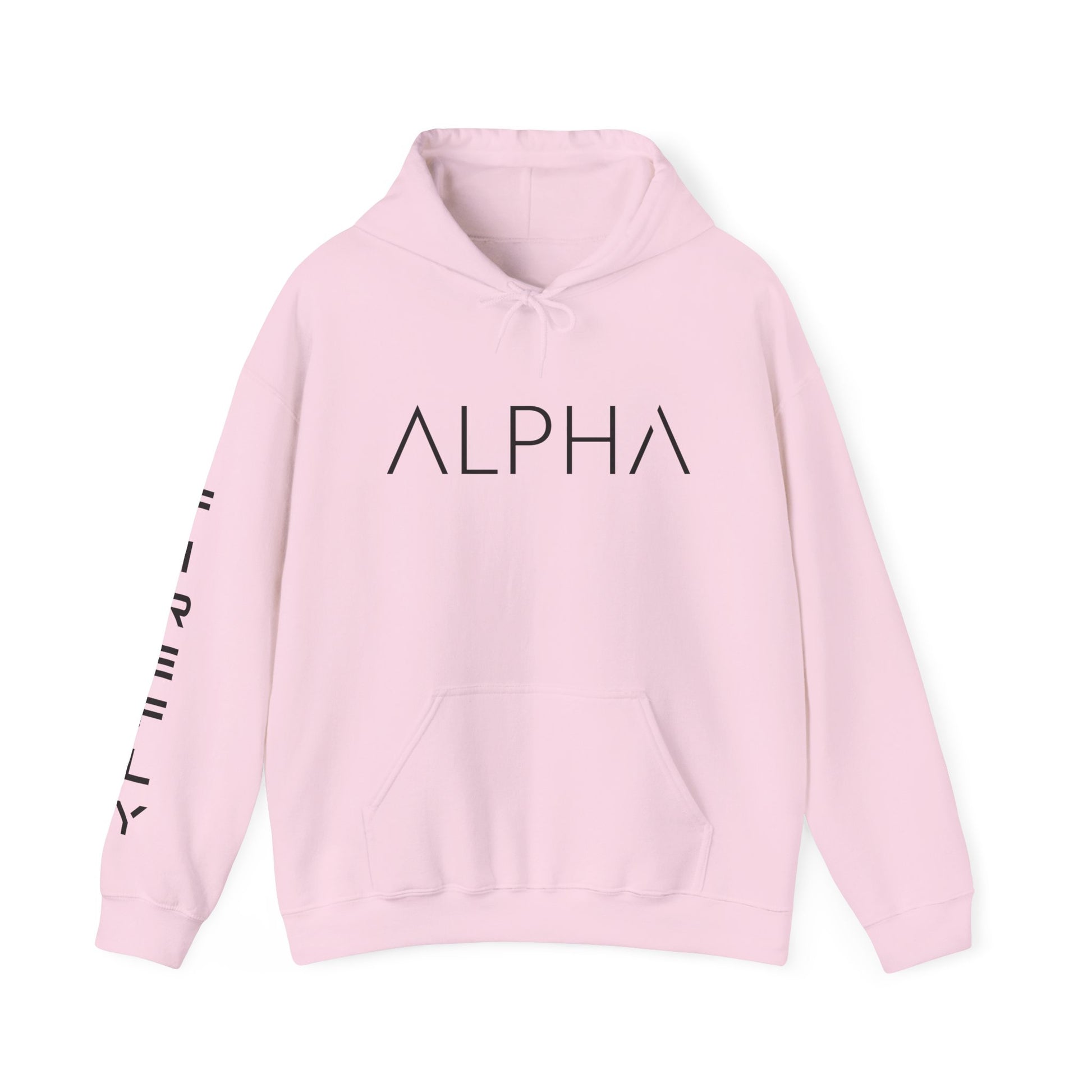 A light pink pullover hoodie with the word 'ALPHA' printed in black sans-serif letters across the chest and additional black text printed vertically down the left sleeve, shown on a plain white background.
