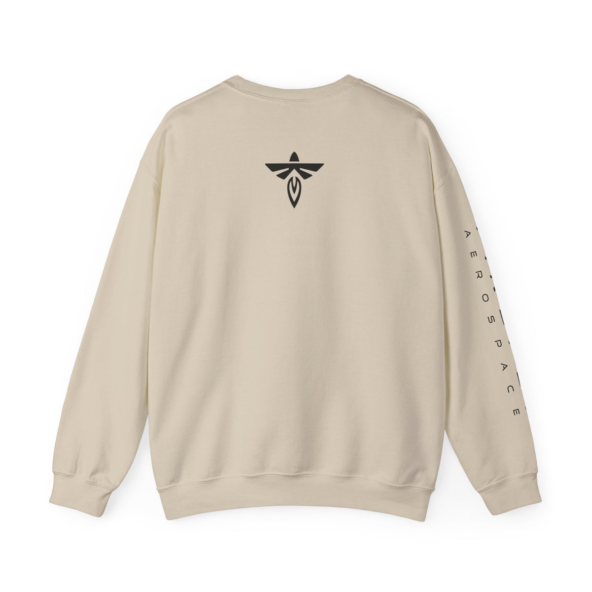 A beige crewneck sweatshirt shown from the back, featuring a black winged emblem centered on the upper back and vertical black text down one sleeve, displayed on a clean white background.