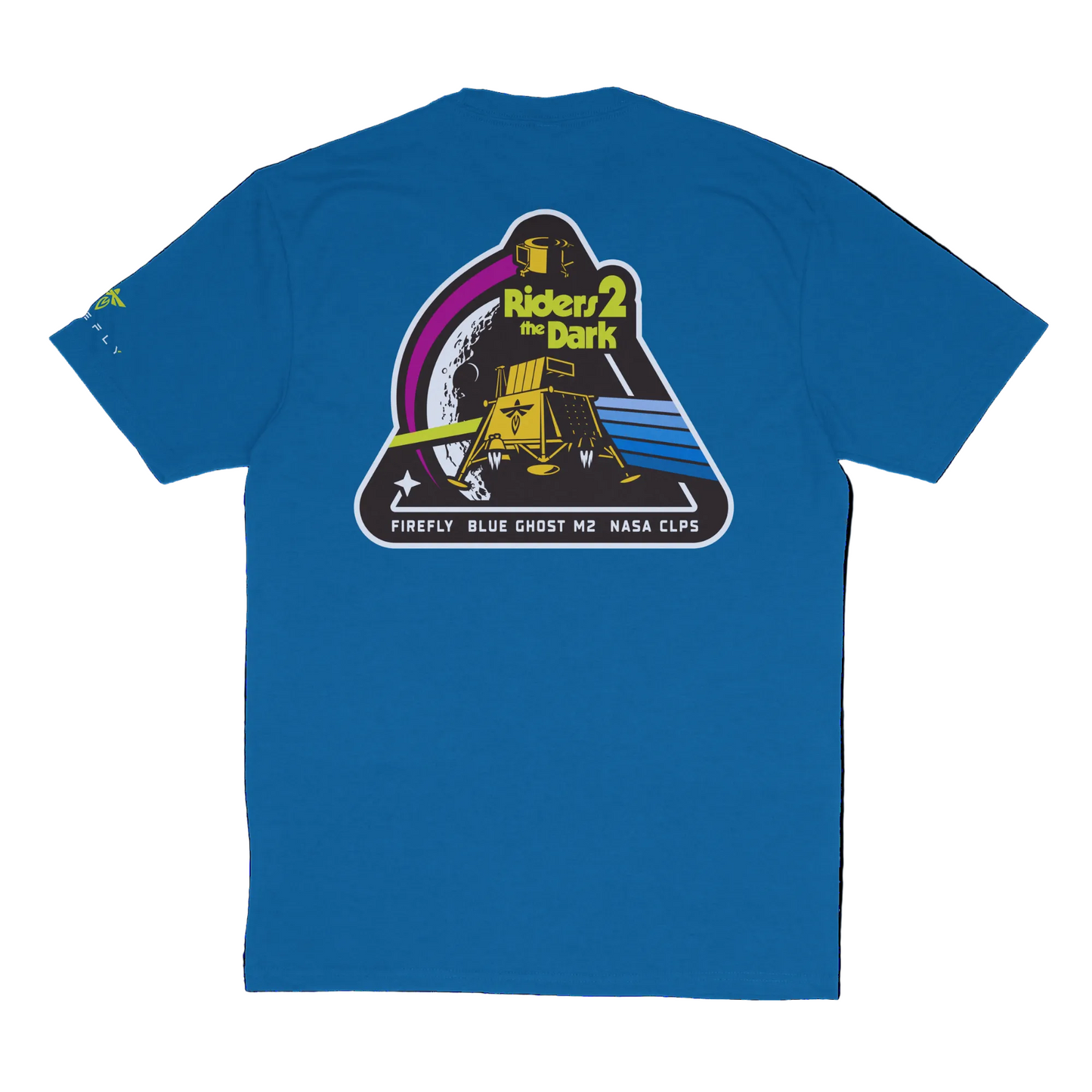Blue t-shirt with a graphic design on the back featuring text and graphics.