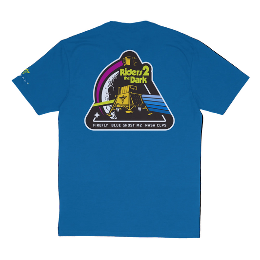 Blue t-shirt with a graphic design on the back featuring text and graphics.