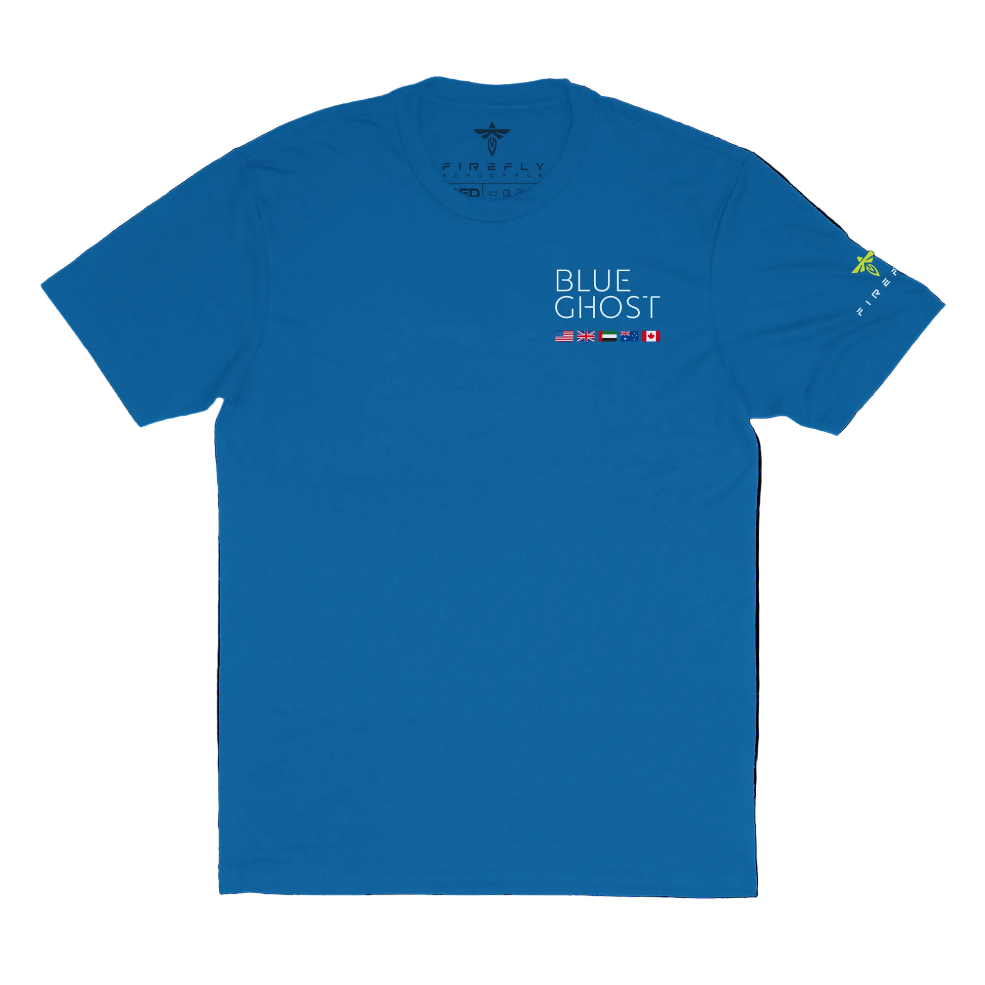 Blue t-shirt with 'Blue Ghost' text and logos on a white background