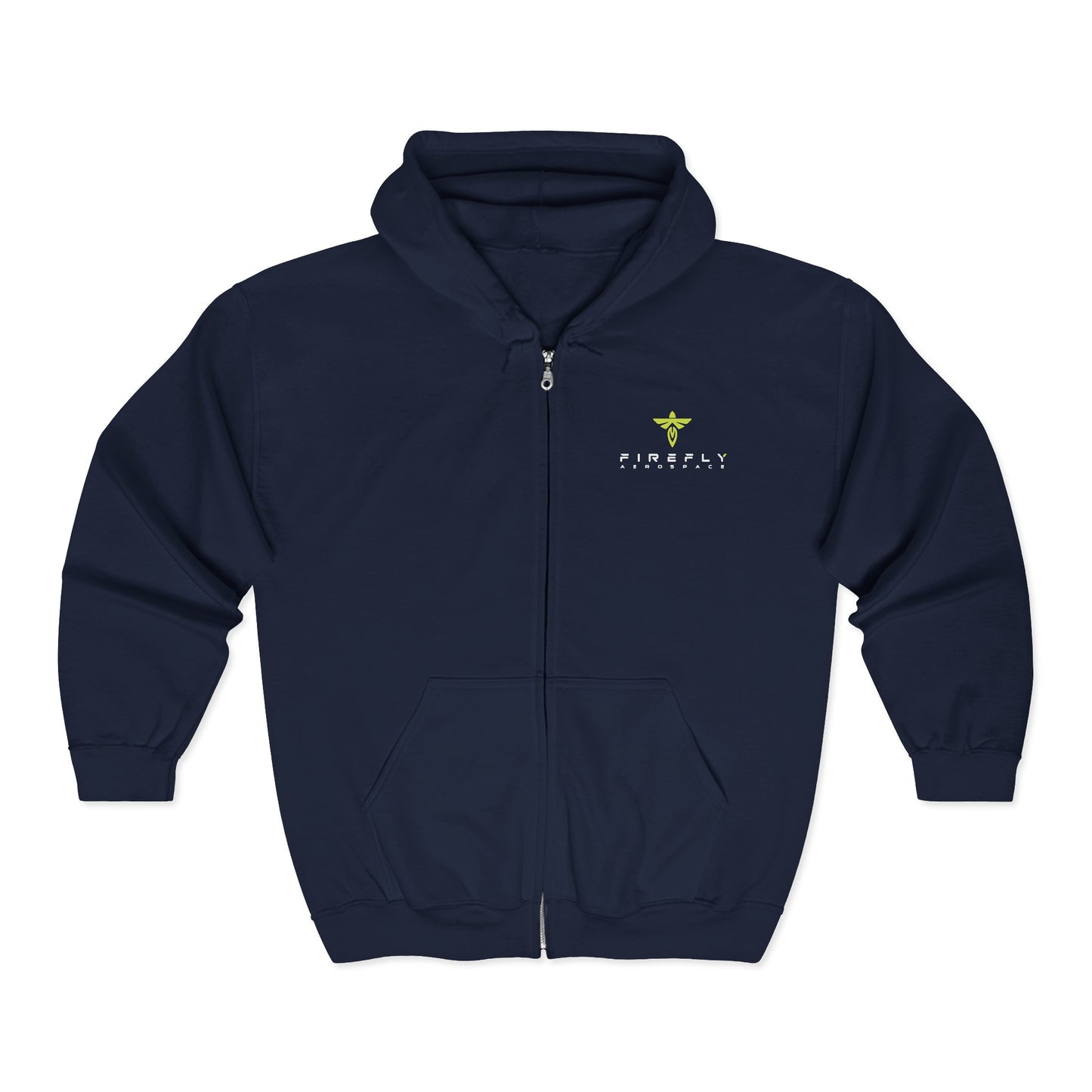 Navy blue hoodie with a logo on the chest against a white background