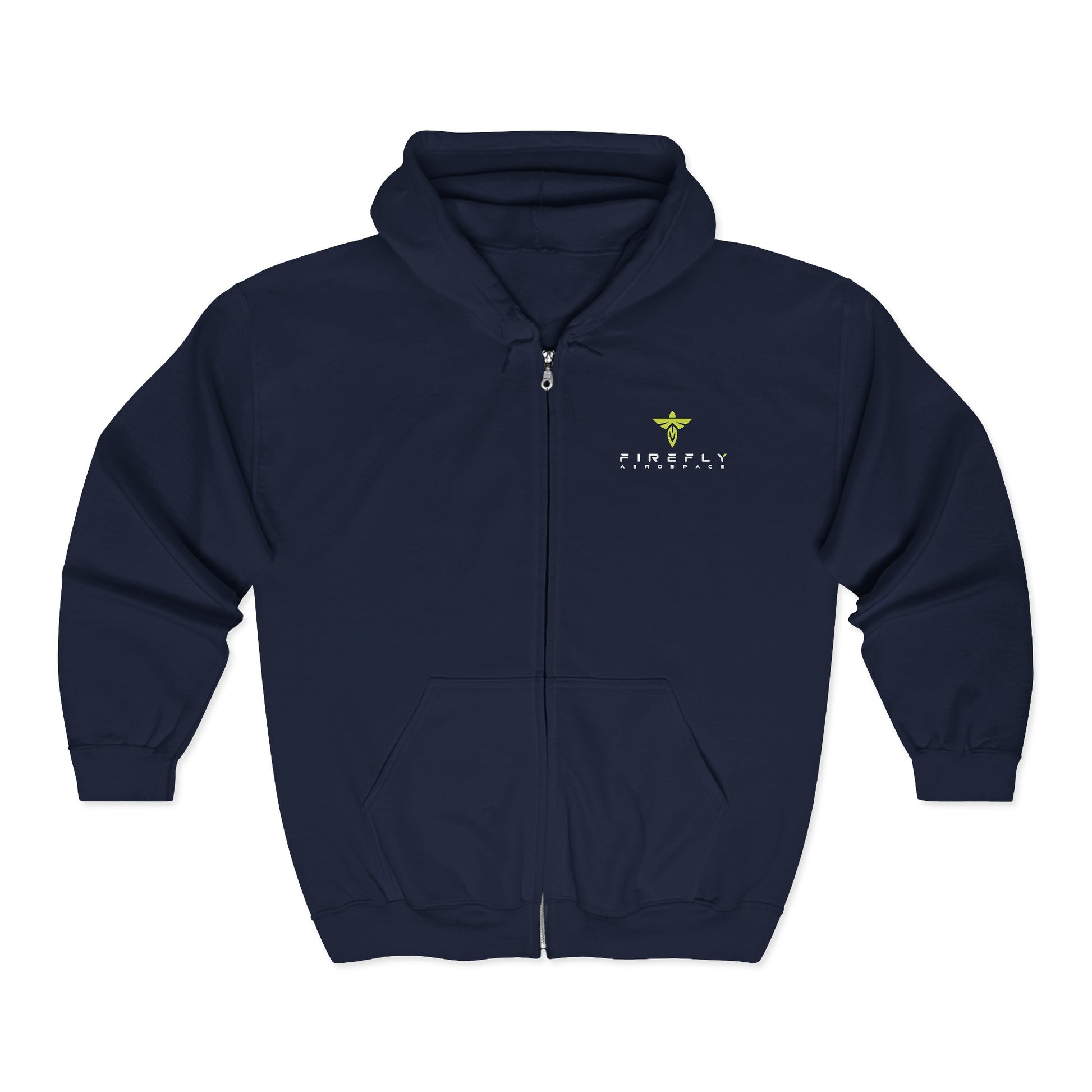 Navy blue hoodie with a logo on the chest against a white background
