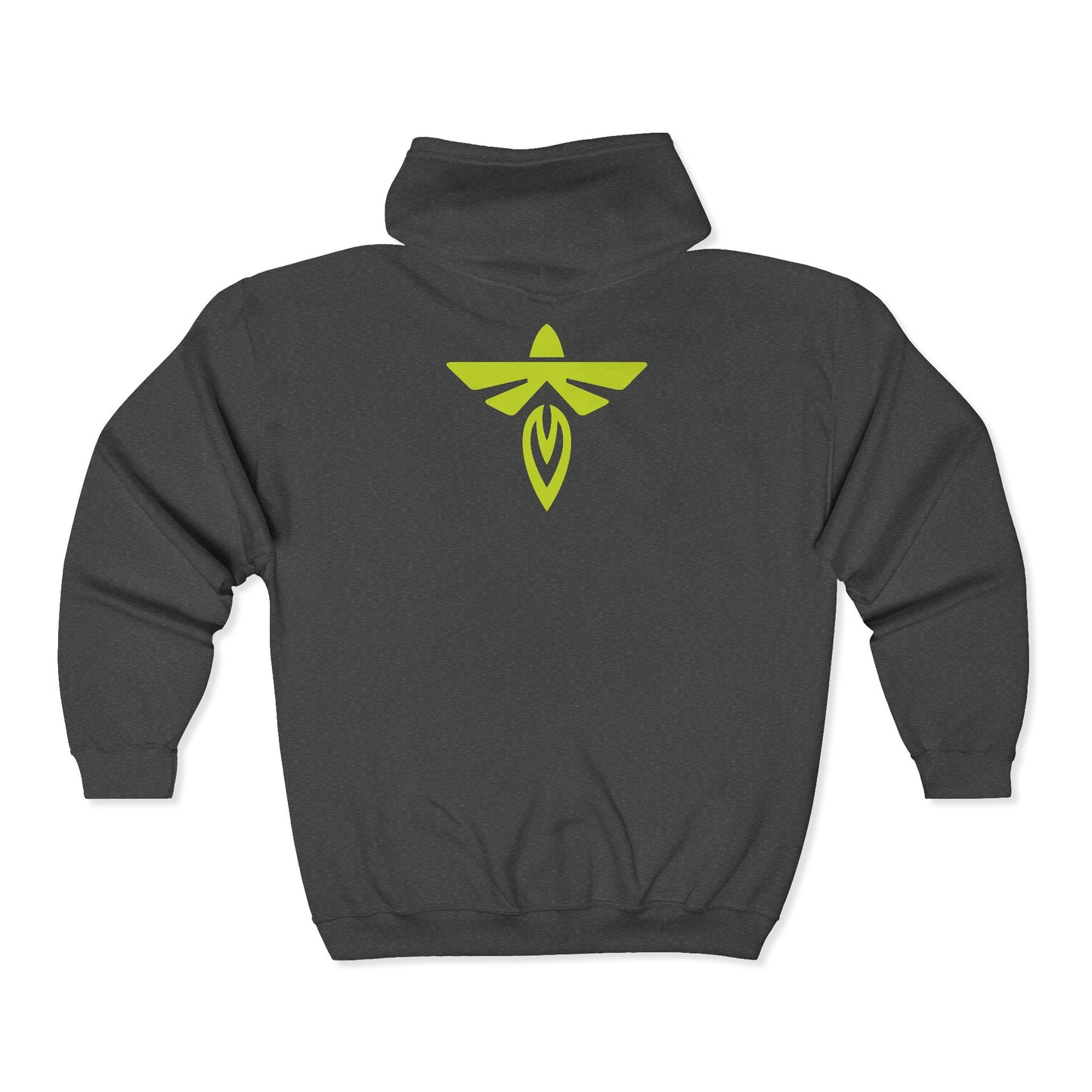 Navy blue hoodie with a logo on the back against a white background