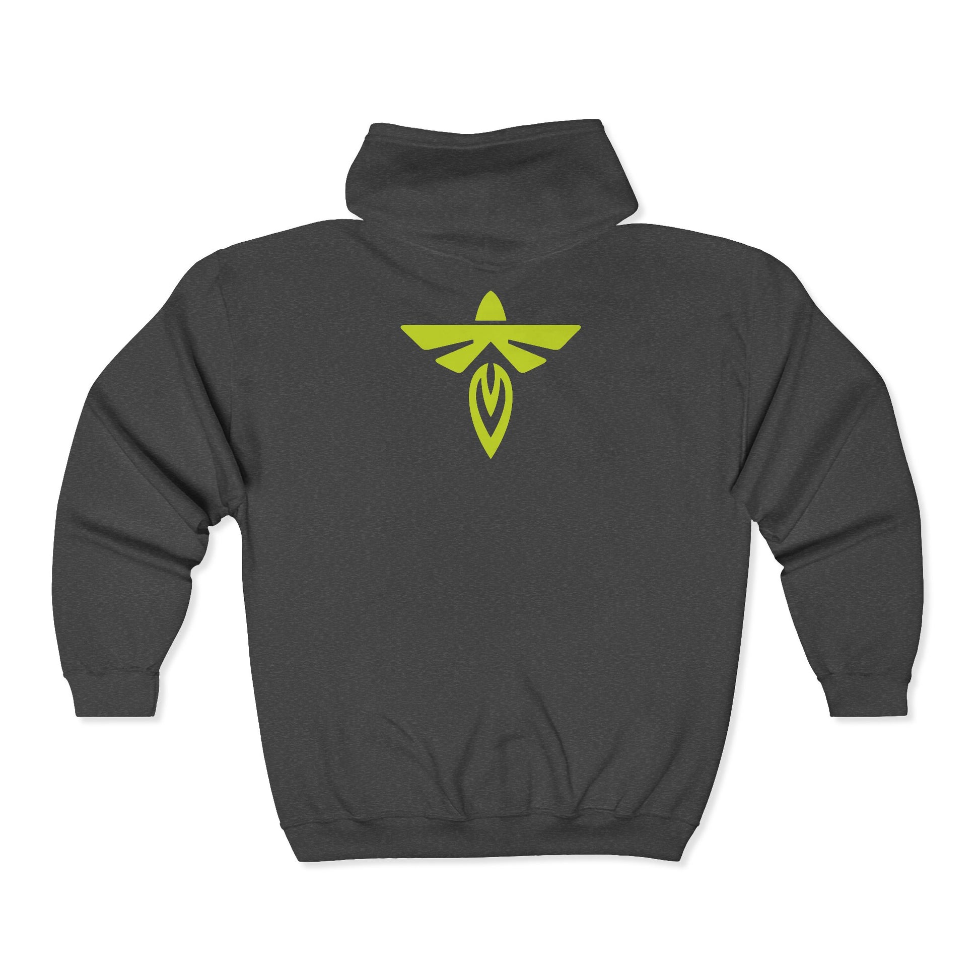 Navy blue hoodie with a logo on the back against a white background