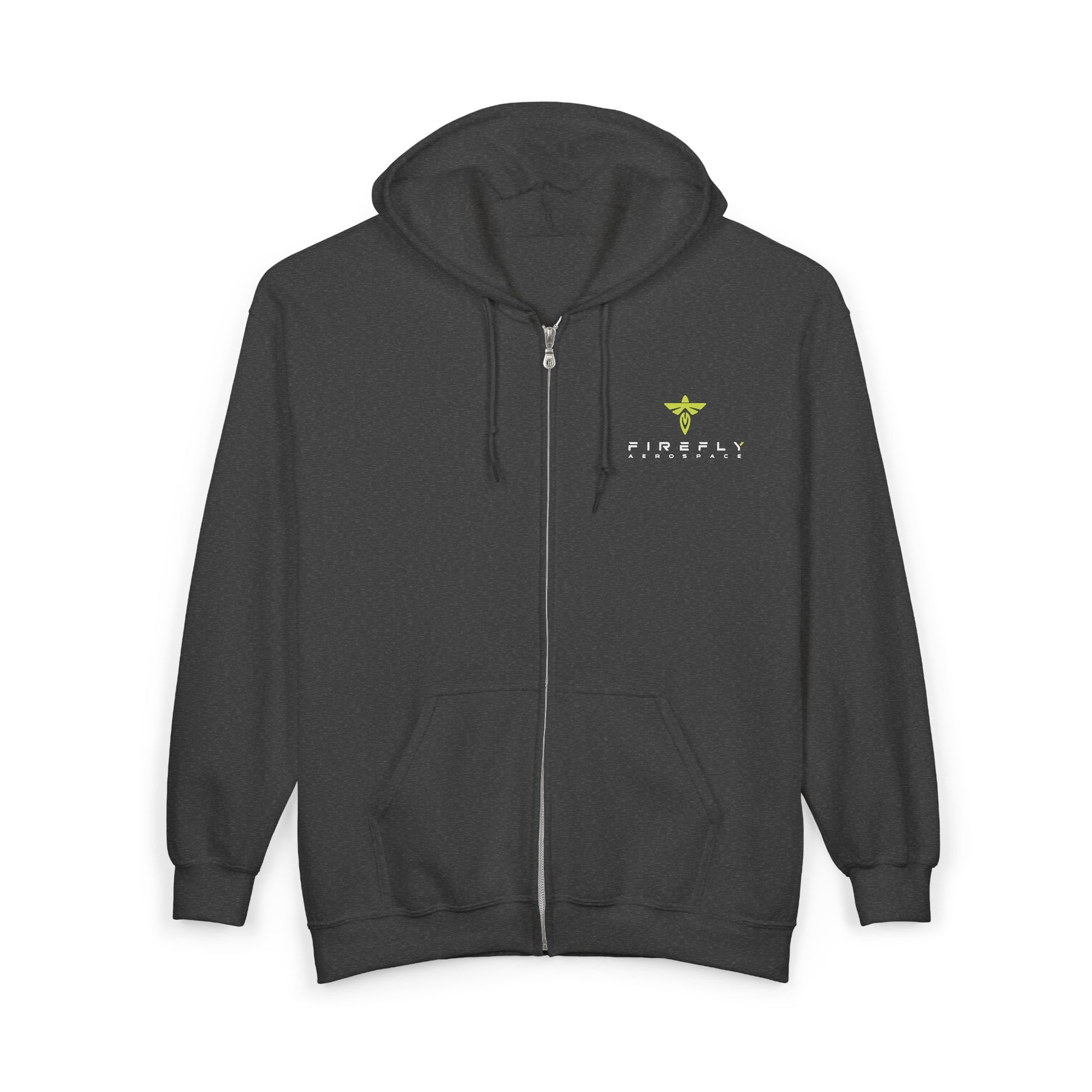 Black hoodie with a small logo on the chest against a white background