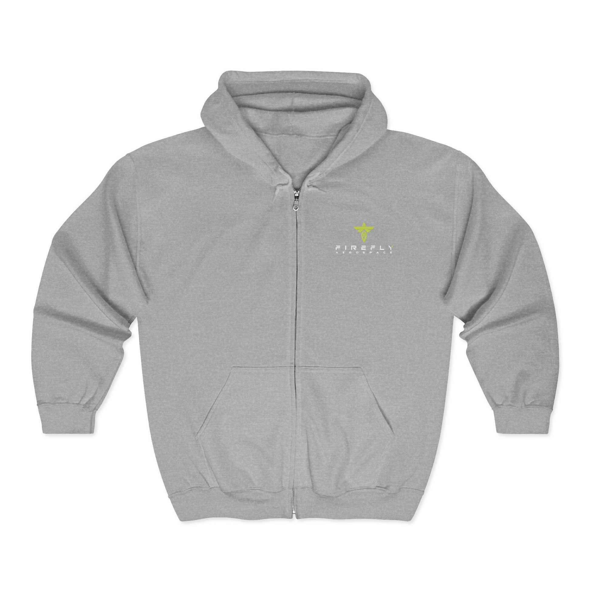 Gray hoodie with a logo on a white background