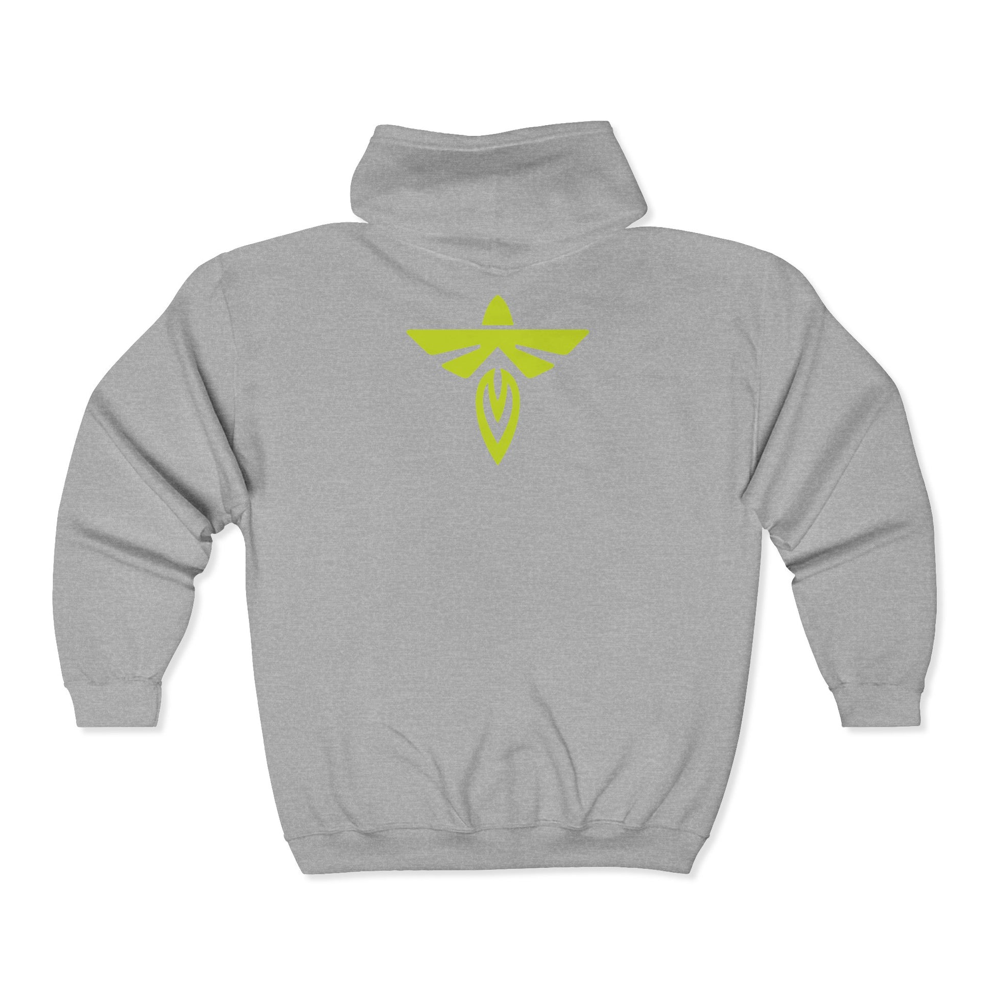Gray hoodie with a yellow logo on the back against a white background