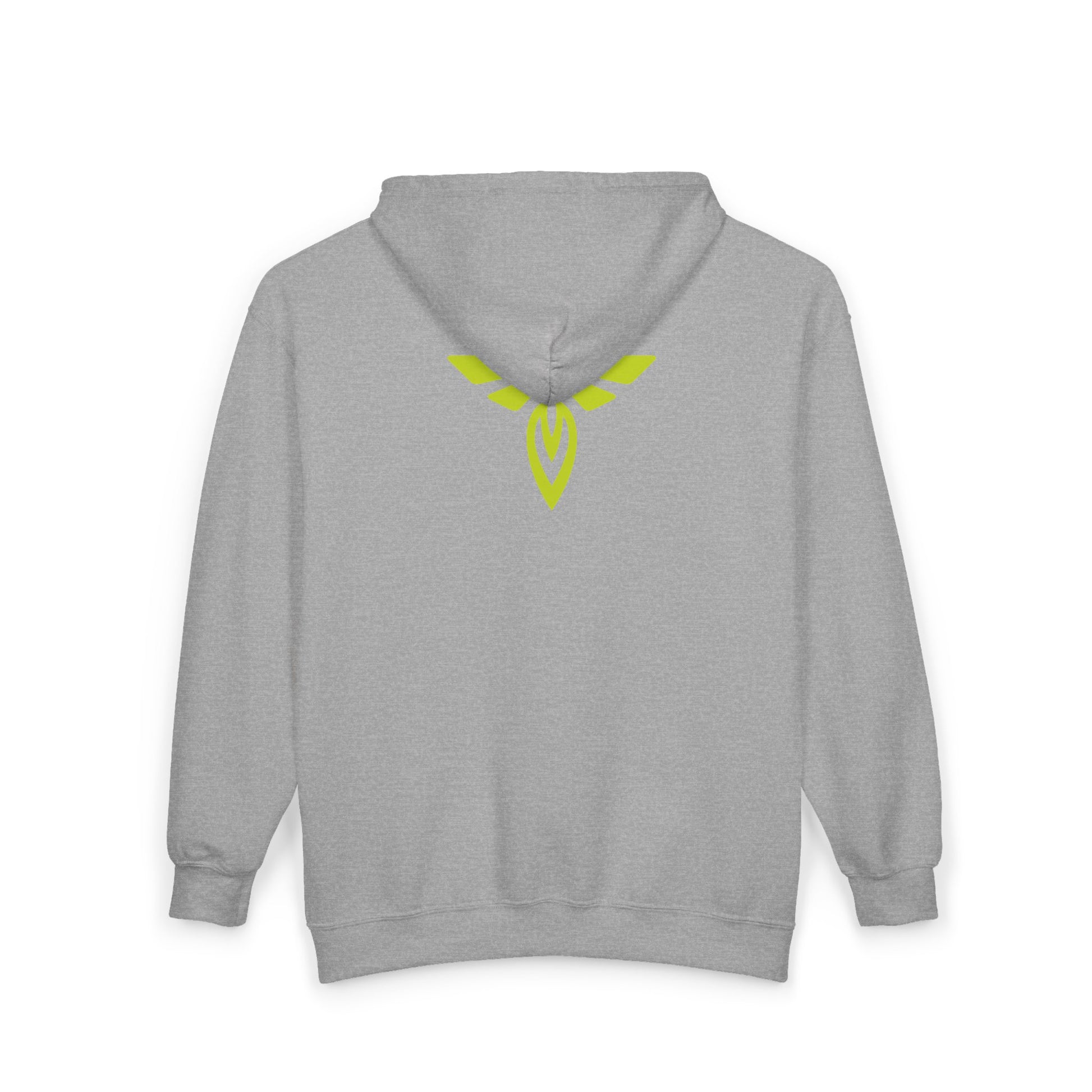 Gray hoodie with a yellow logo on the back against a white background