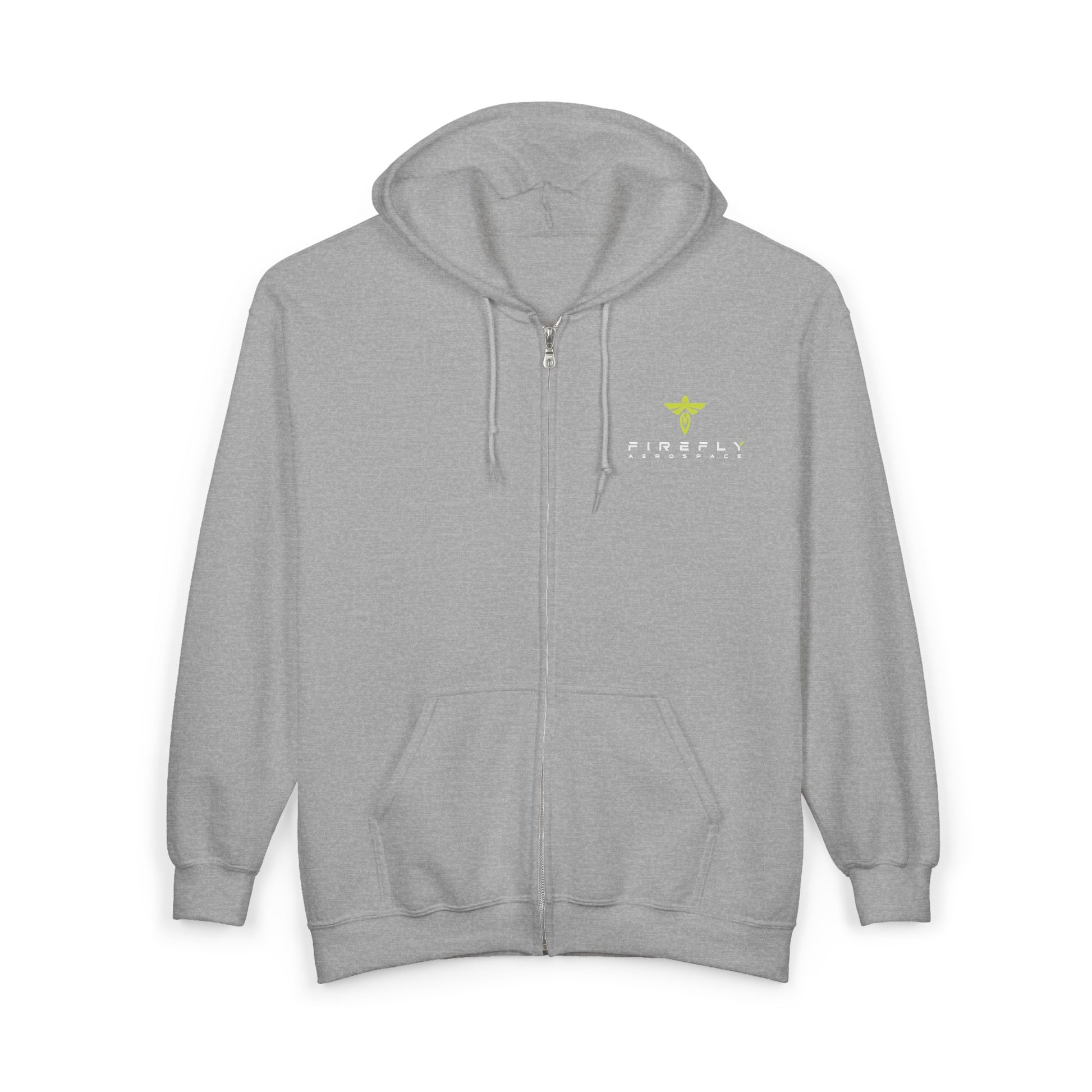 Gray hoodie with a logo on a white background