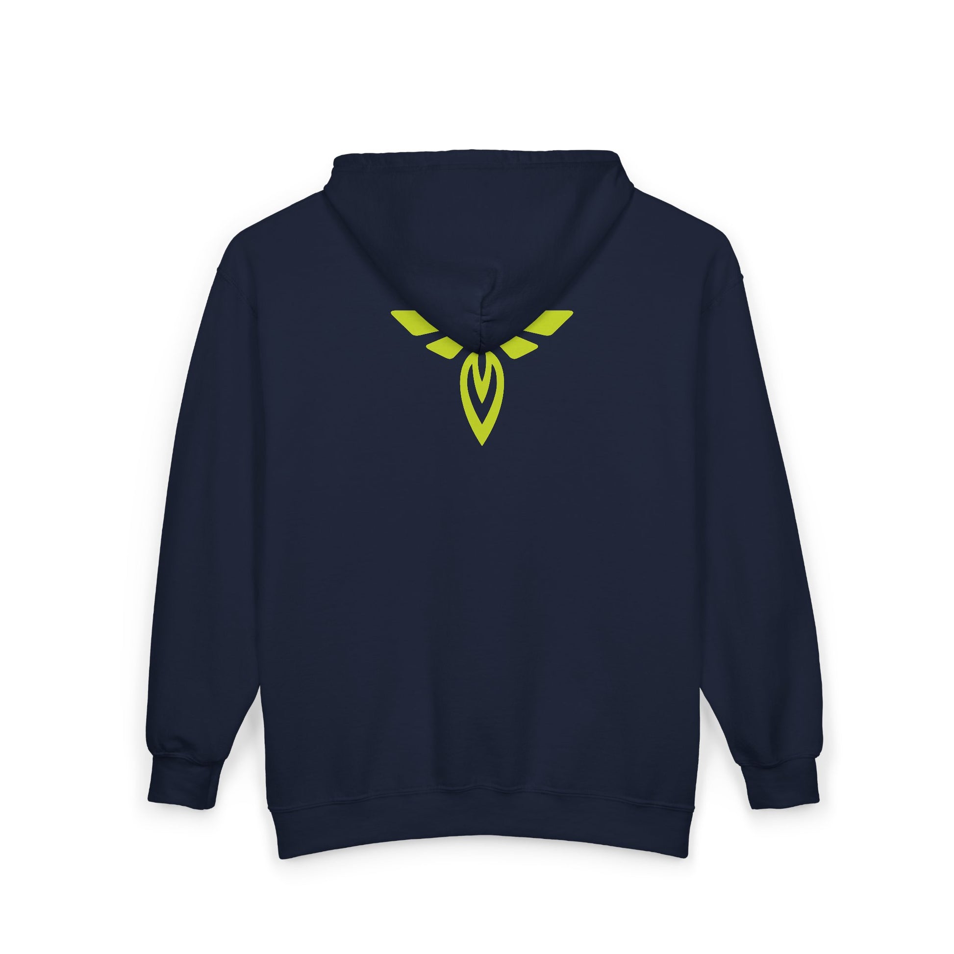 Navy blue hoodie with a logo on the back against a white background