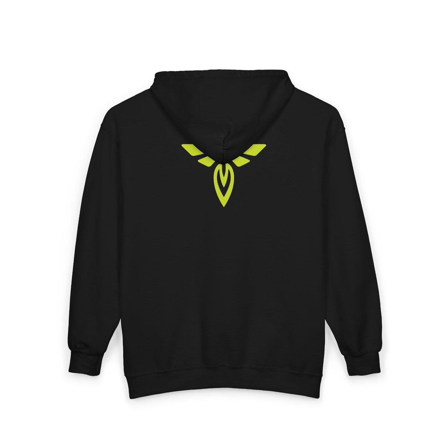 Black hoodie with a yellow emblem on the back against a white background