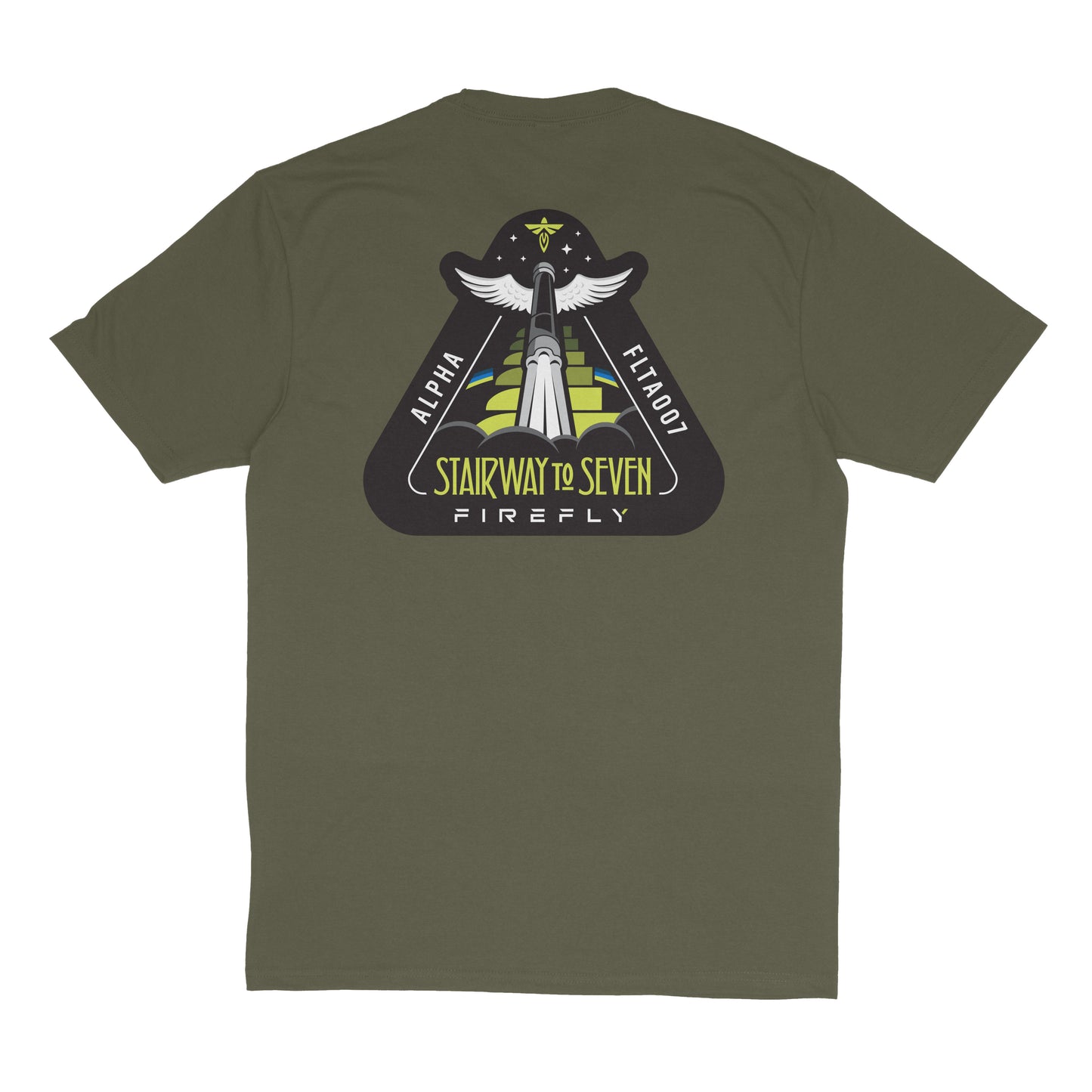 Green t-shirt with a graphic design on the back on a white background