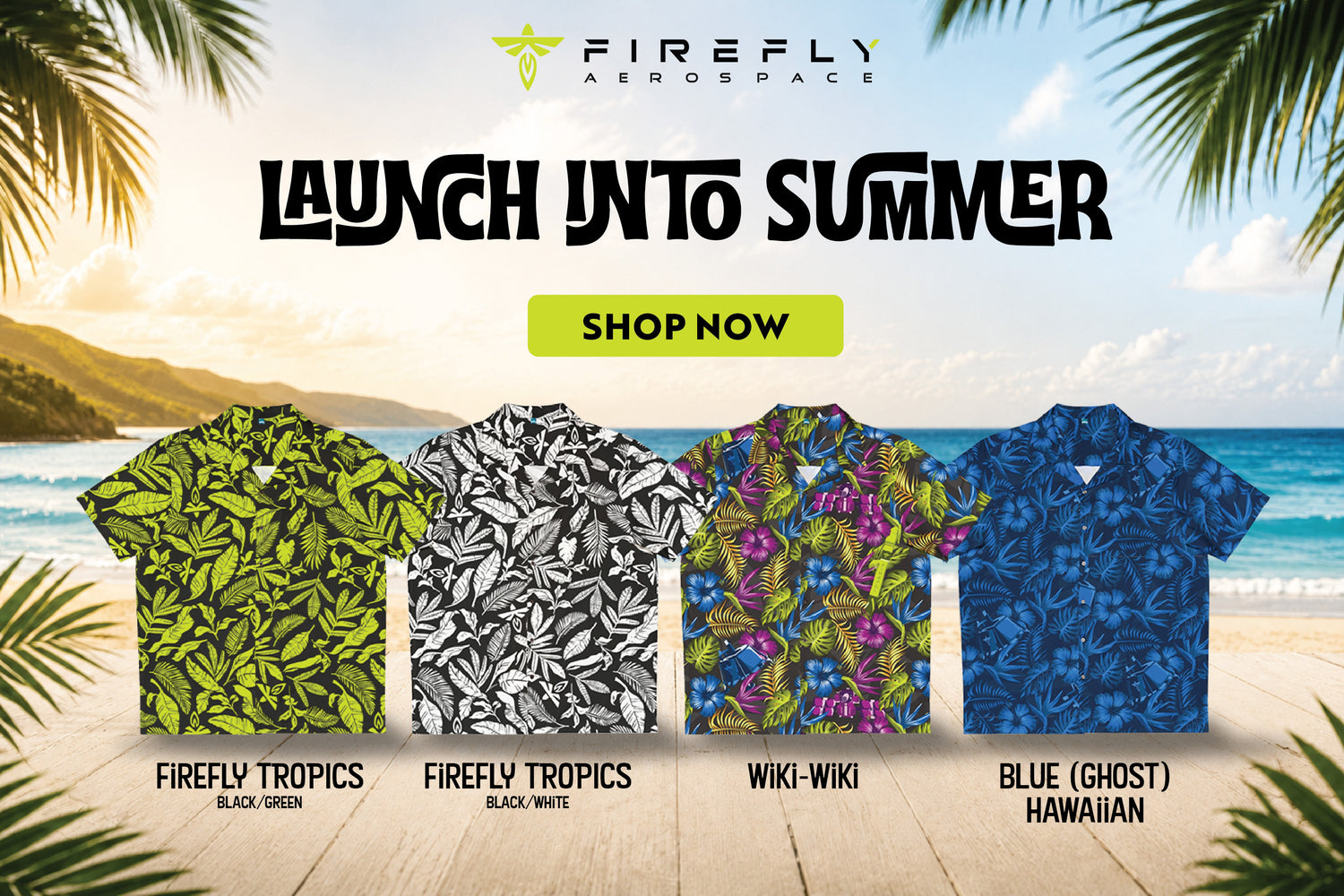 Four tropical-themed shirts with Firefly Aerospace branding and a beach background.