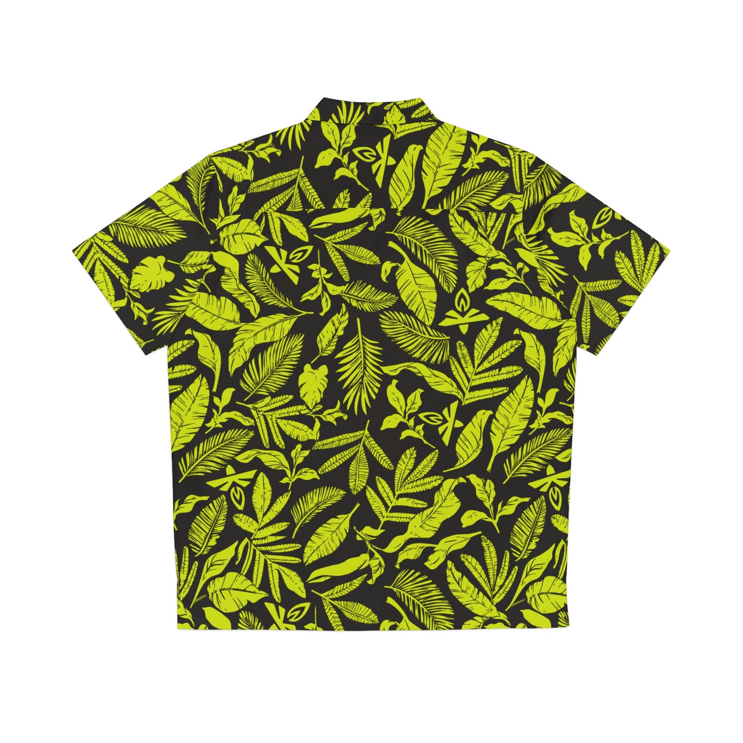 Black shirt with bright green leaf pattern on a white background