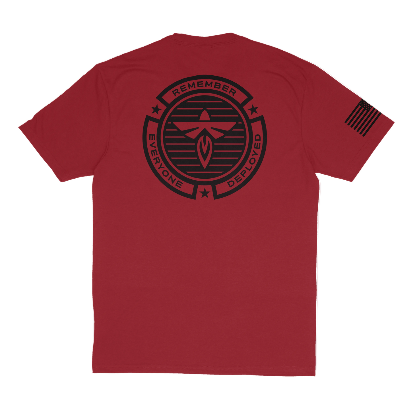 Red t-shirt with black graphic design on a white background