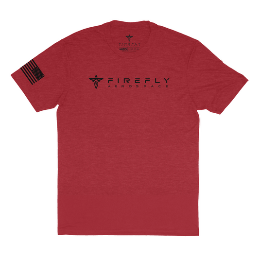 Red t-shirt with black graphic design on a white background