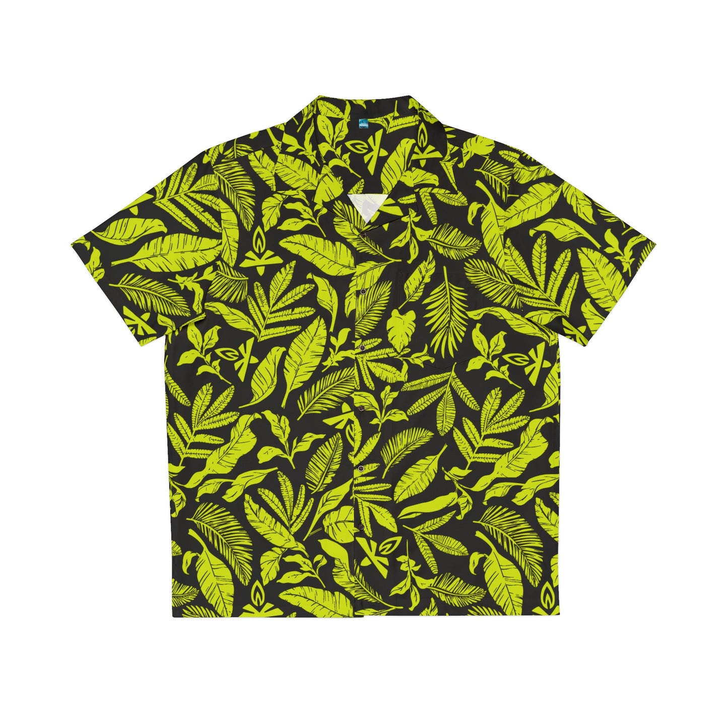Black shirt with bright green leaf pattern on a white background