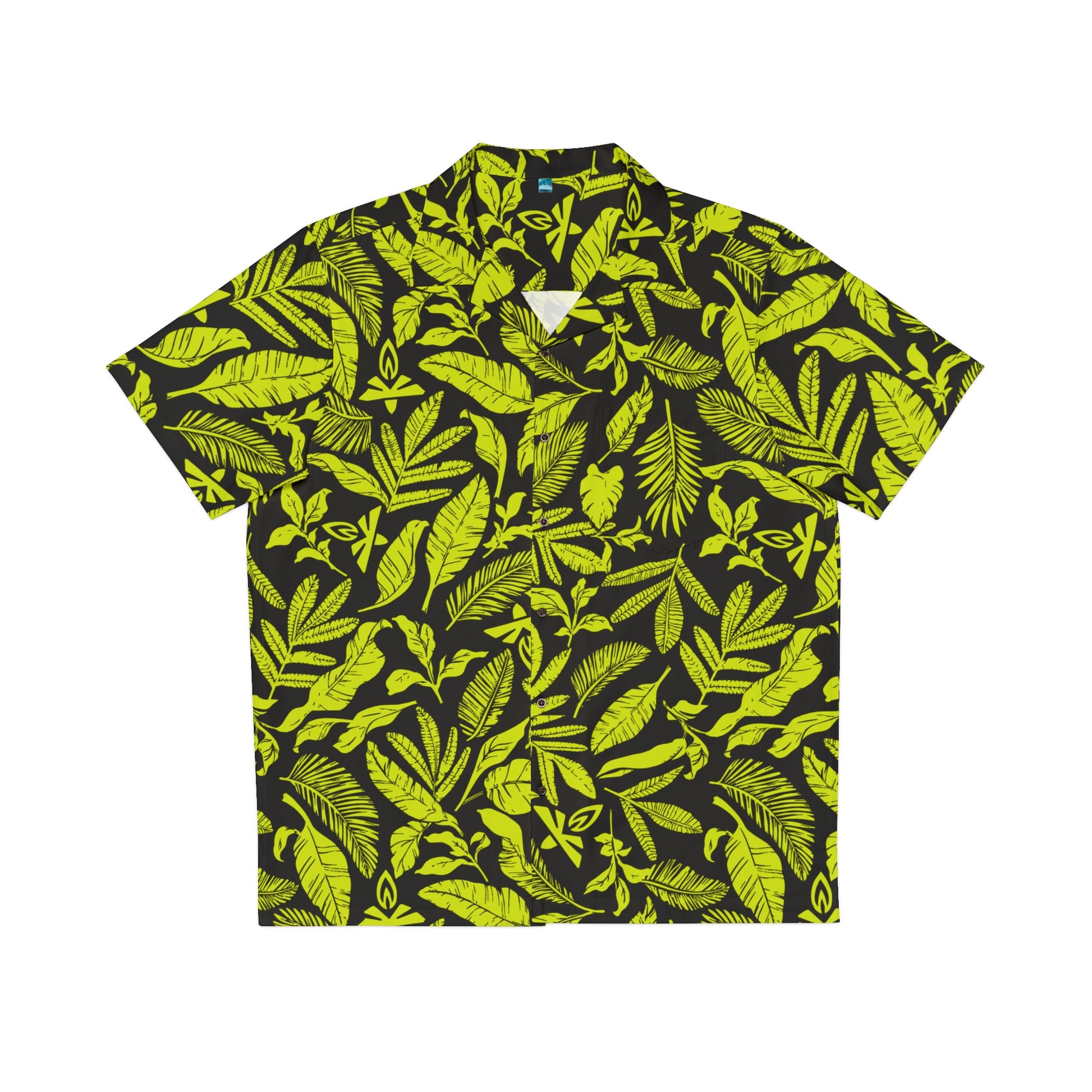 Black shirt with bright green leaf pattern on a white background