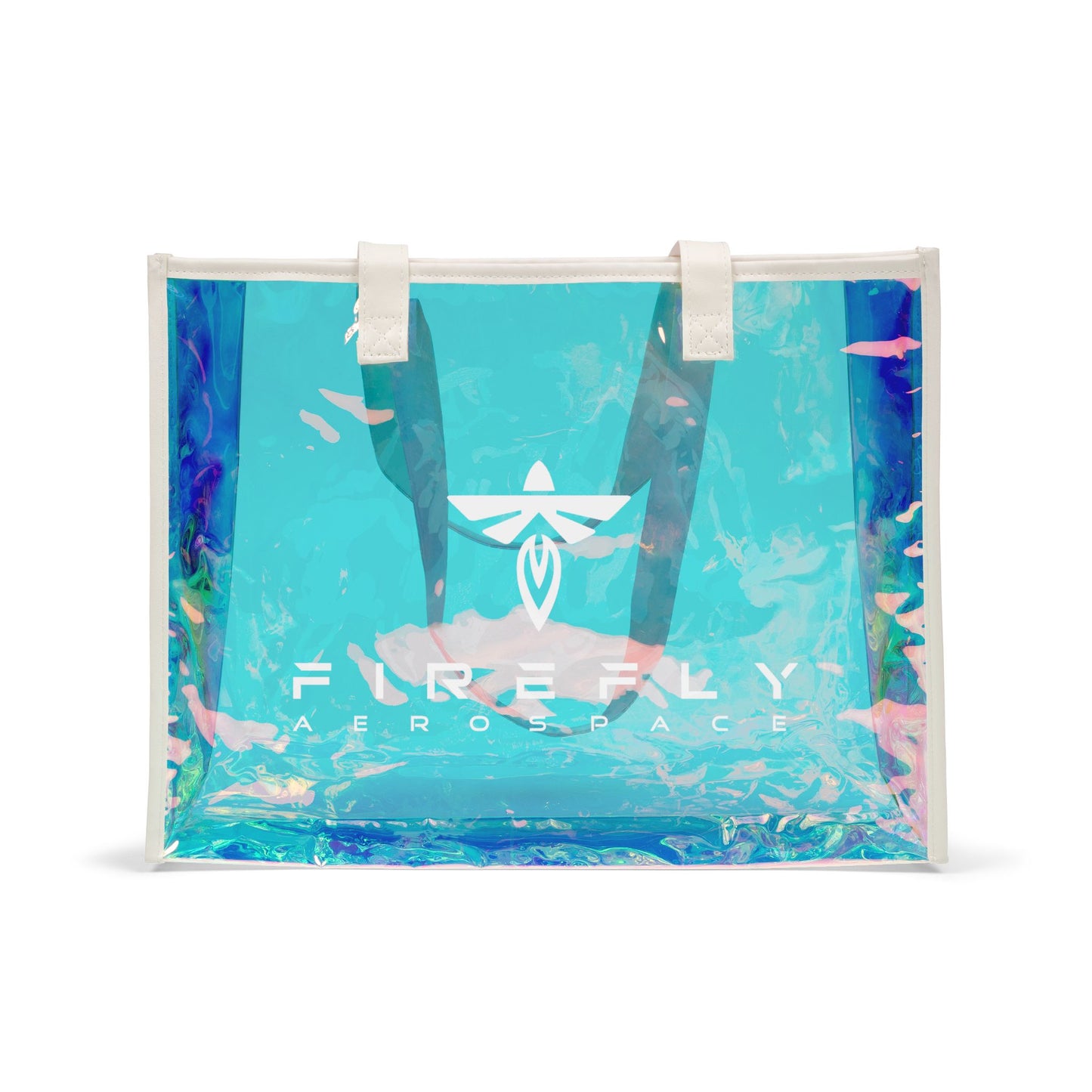 Transparent bag with blue and pink abstract design and Firefly Aerospace logo on a white background