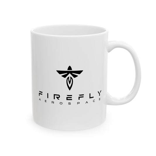 White mug with Firefly Aerospace logo on a white background