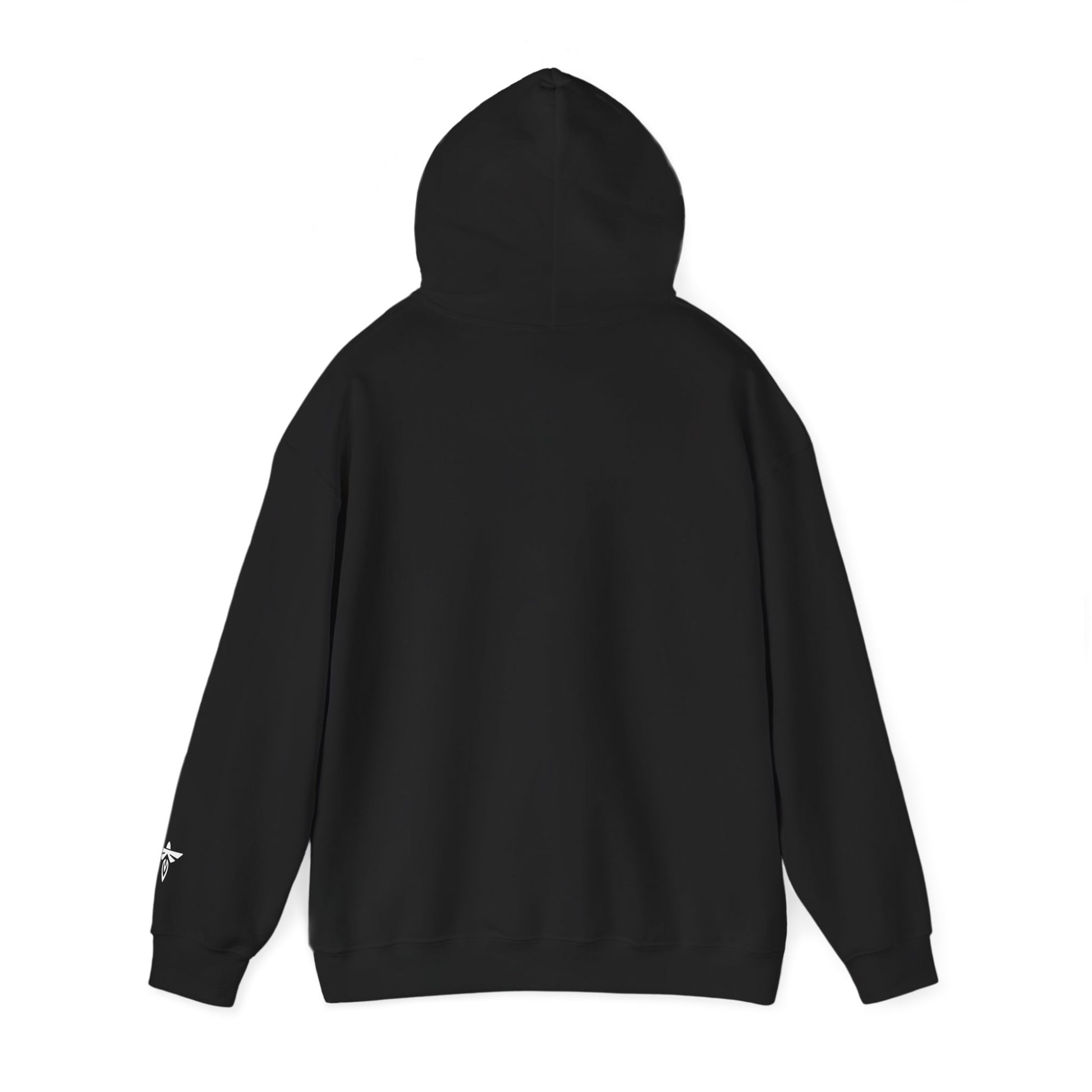 Navy blue hoodie with white text and logo on the back against a white background