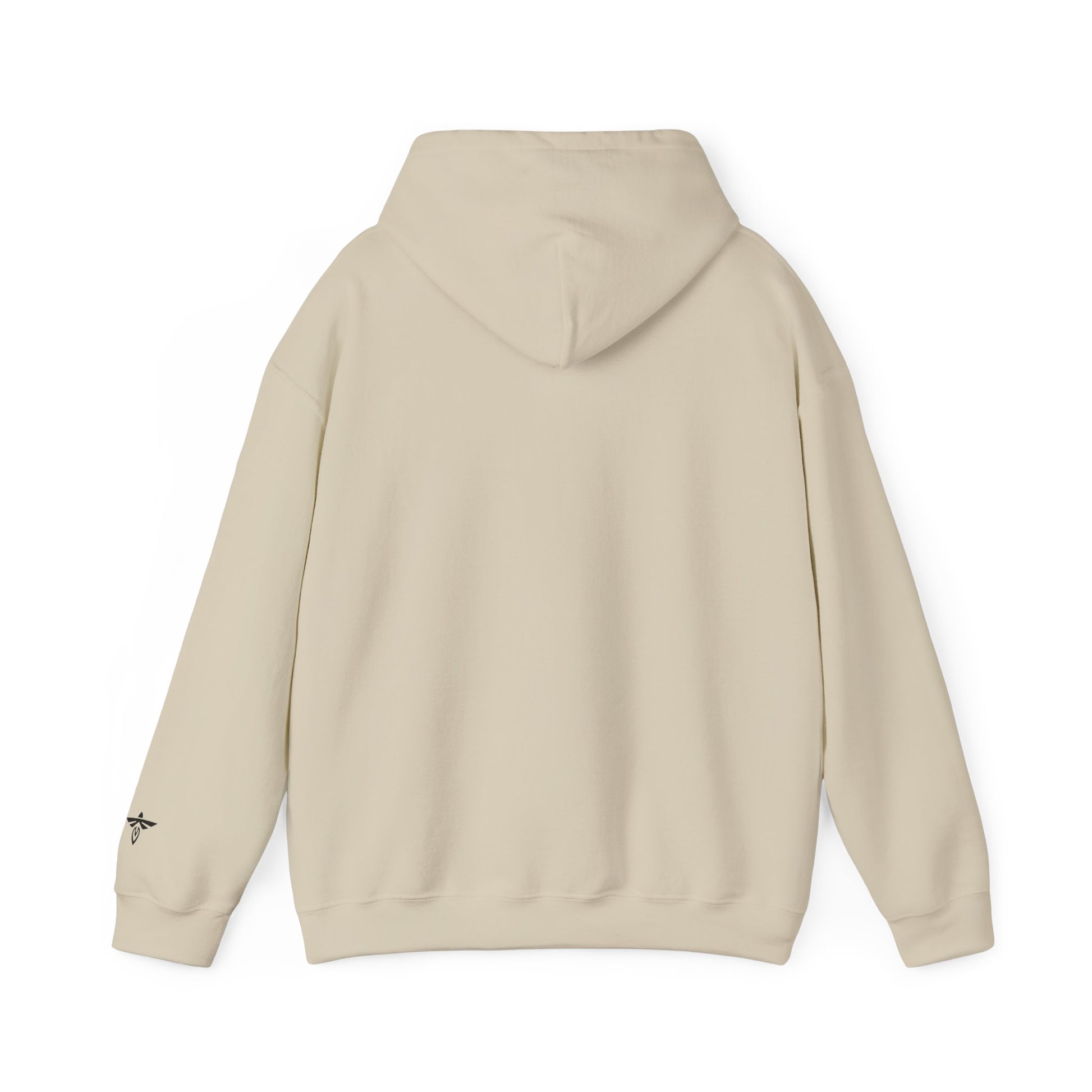 A light beige hooded sweatshirt shown from the back, featuring a small black embroidered logo on the left sleeve, set against a plain white background.