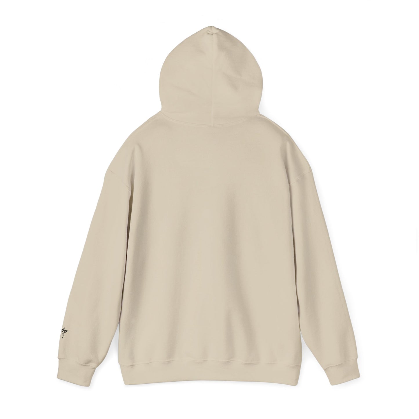 A light beige hooded sweatshirt shown from the back, featuring a simple back design with a small black embroidered logo on the left sleeve cuff, set against a plain white background.