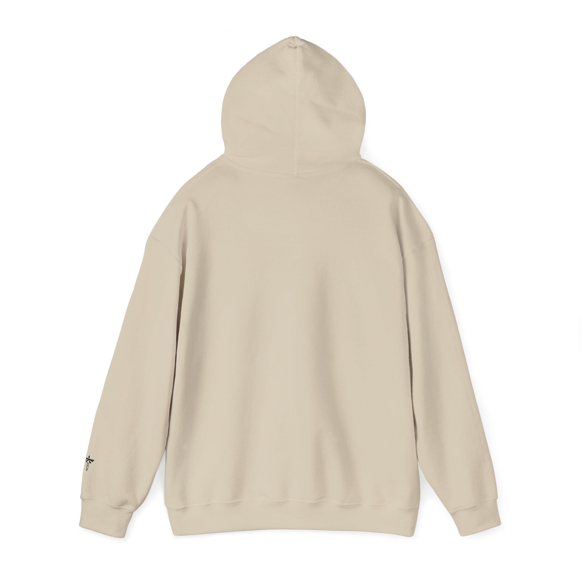 A light beige hooded sweatshirt shown from the back, featuring a simple back design with a small black embroidered logo on the left sleeve cuff, set against a plain white background.