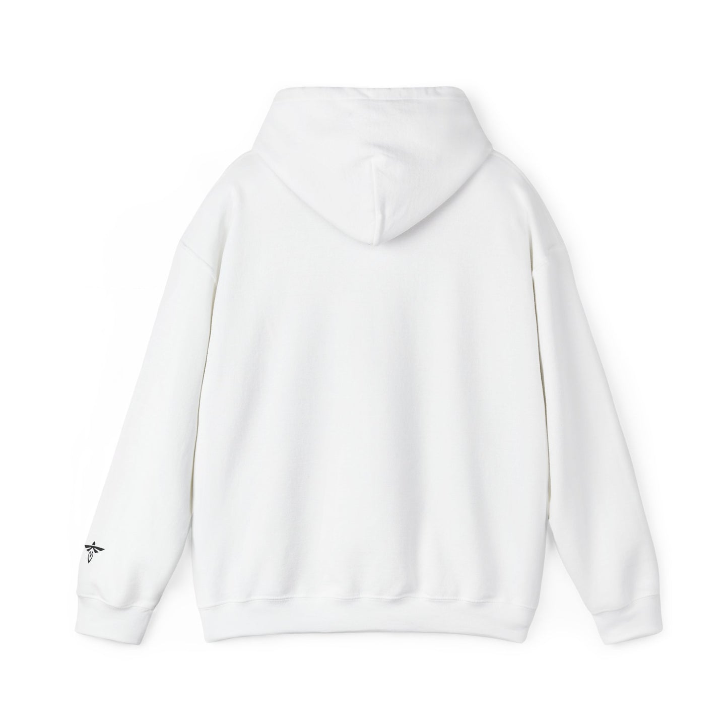 White hoodie with brand logo on sleeve against a white background