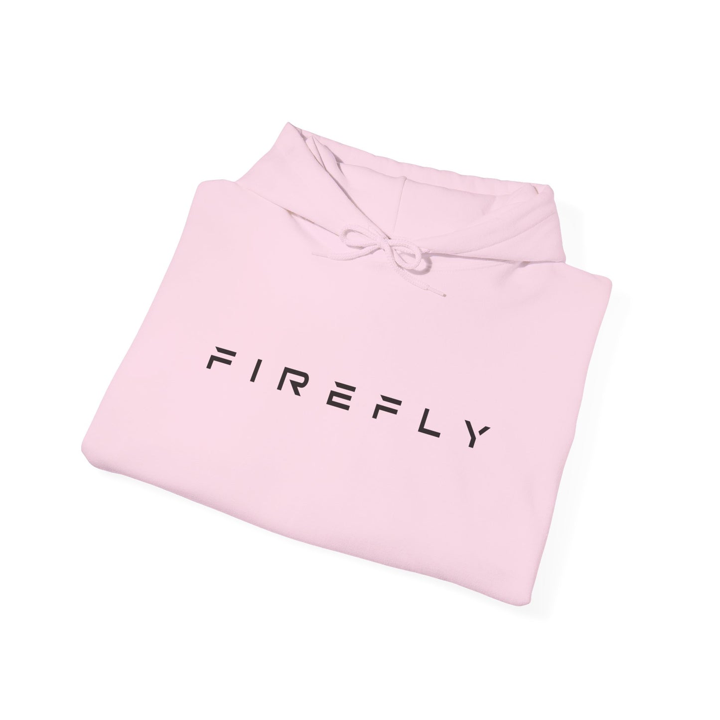 A folded light pink hoodie with the brand name 'FIREFLY' printed in black across the chest, displayed on a clean white background.