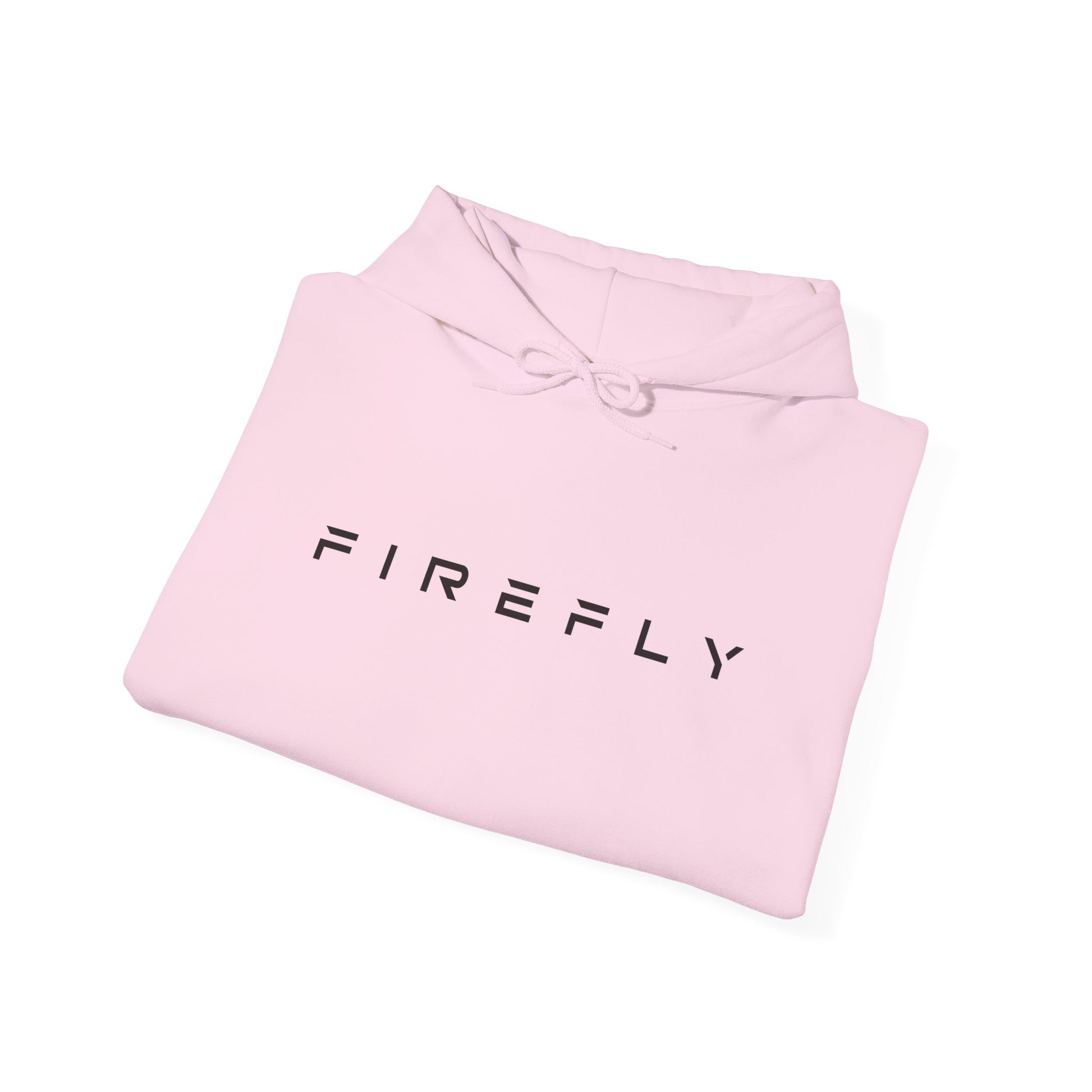 A folded light pink hoodie with the brand name 'FIREFLY' printed in black across the chest, displayed on a clean white background.