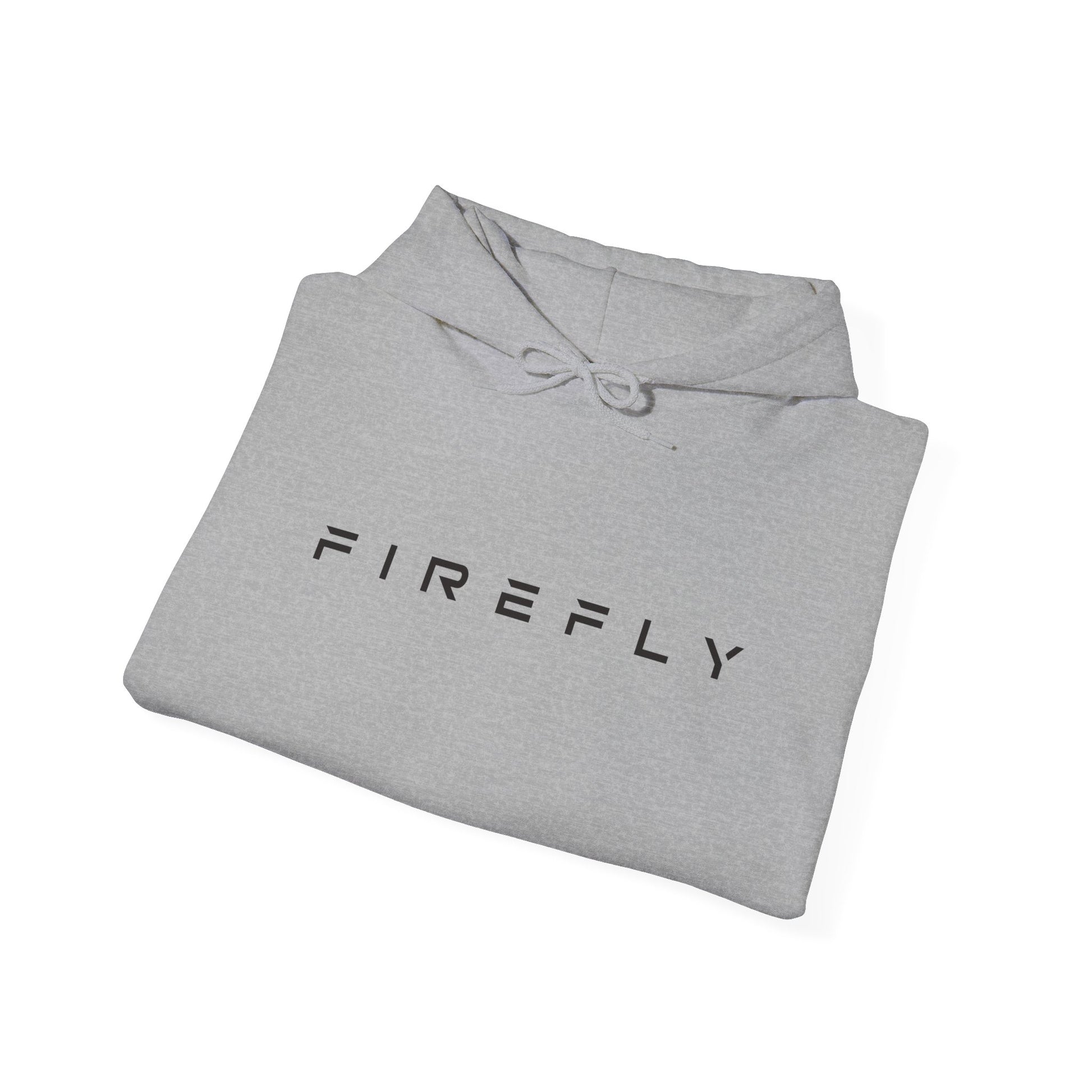 Folded gray hoodie with text on a white background