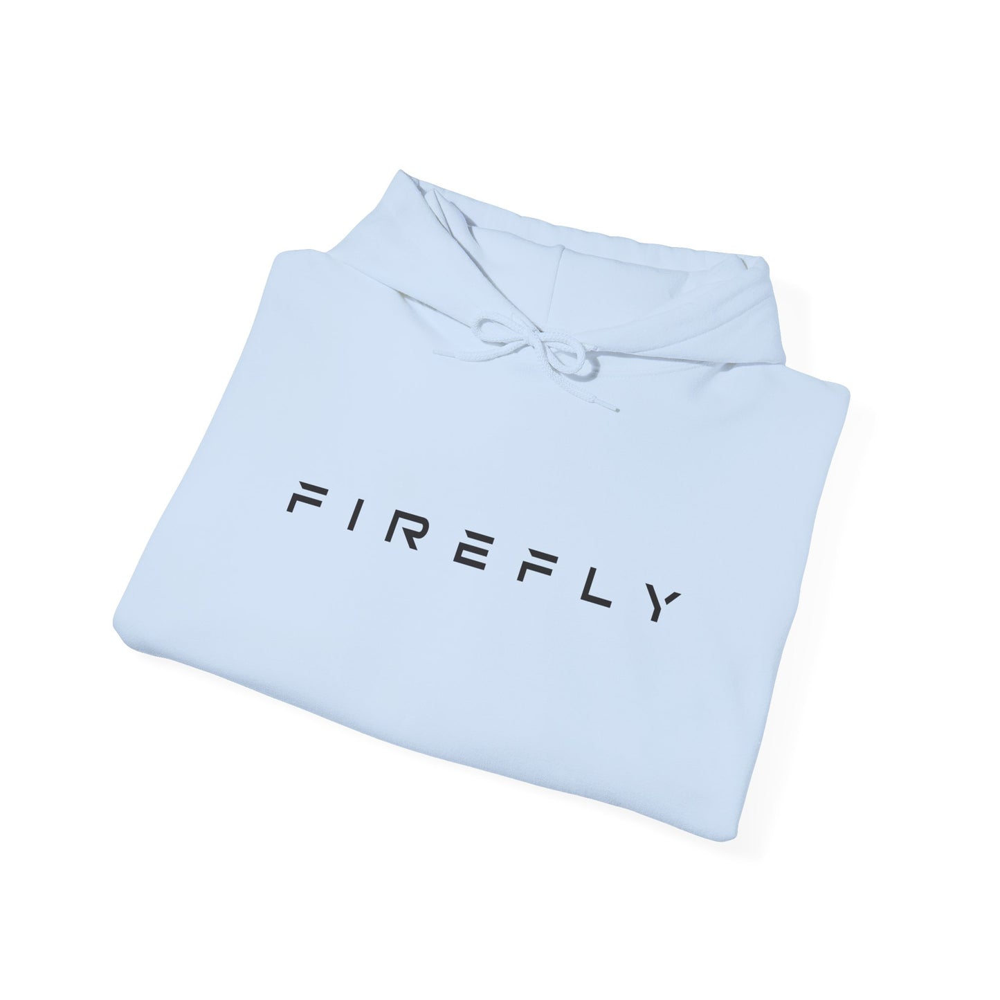 A light blue folded hoodie with the brand name 'FIREFLY' printed in black across the chest, displayed on a clean white background.