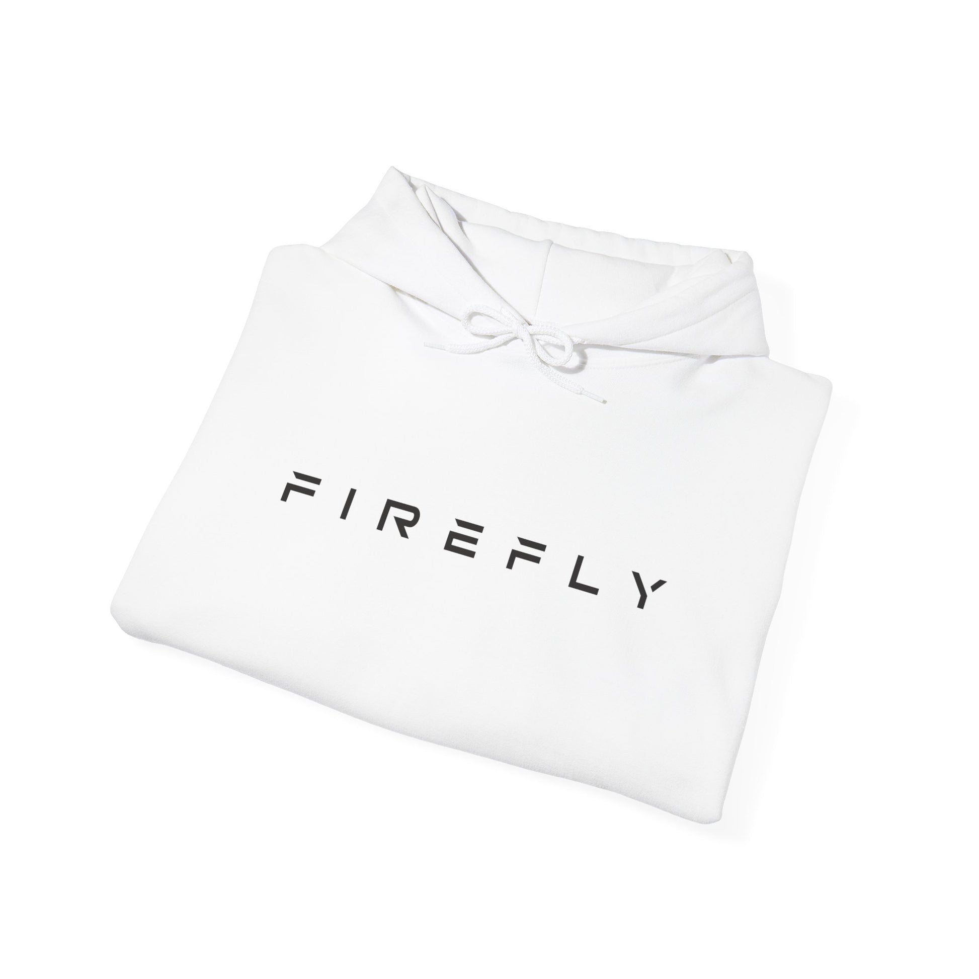 A folded white hoodie with the brand name 'FIREFLY' printed in black sans-serif letters across the chest, displayed on a clean white background.