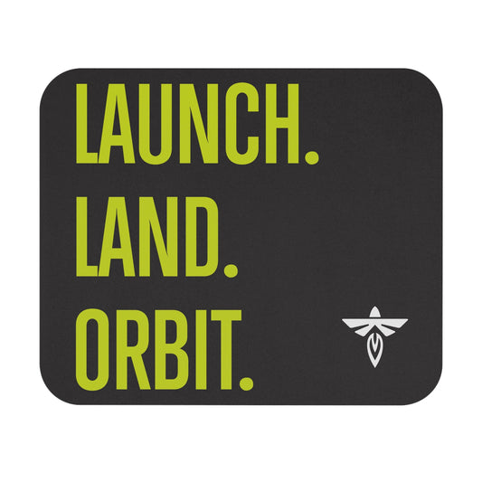 Black mouse pad with yellow text 'LAUNCH. LAND. ORBIT.' and a logo on a white background