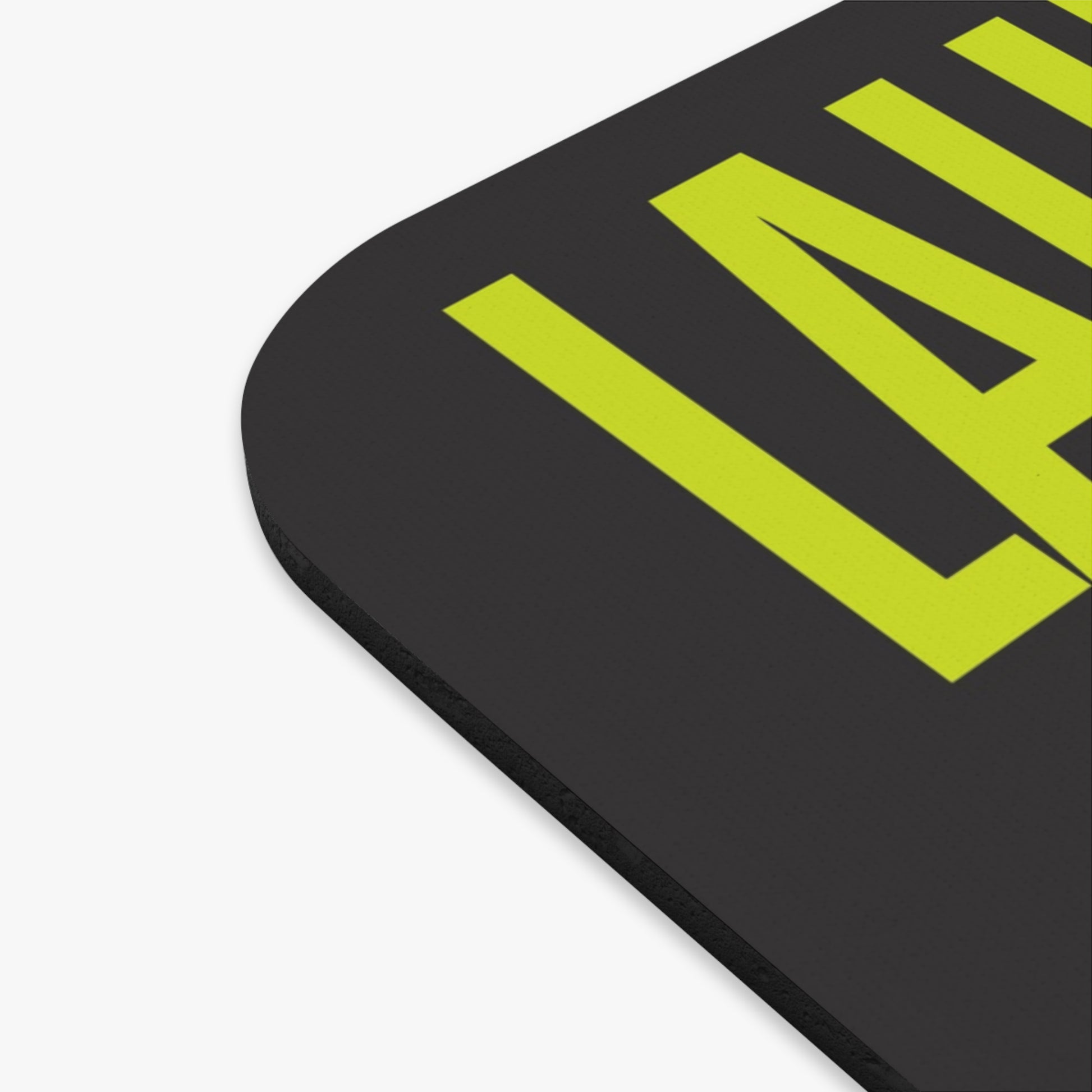 Black object with green text on a white background