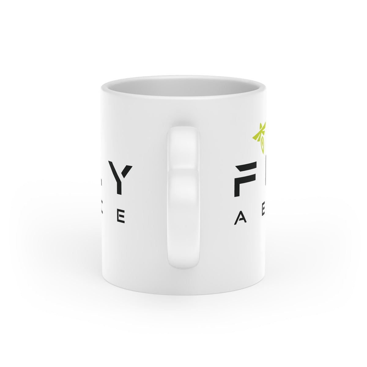A white ceramic coffee mug with a handle, featuring partial black text and a small lime green graphic on the side, shown against a plain white background.