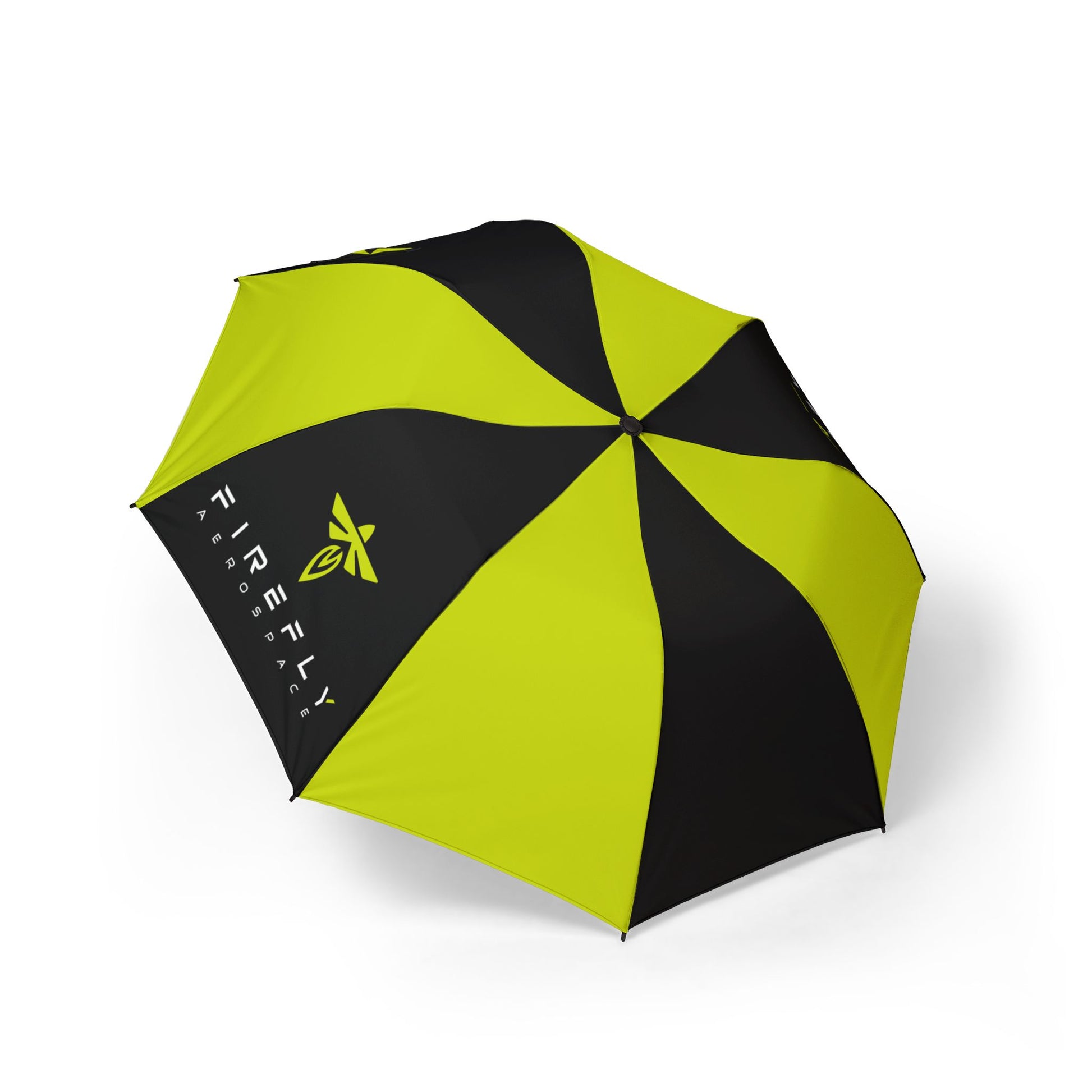 A folding umbrella with alternating black and bright lime green panels, featuring the 'FIREFLY AIRPORT' logo printed in lime green on one of the black panels, shown on a clean white background.