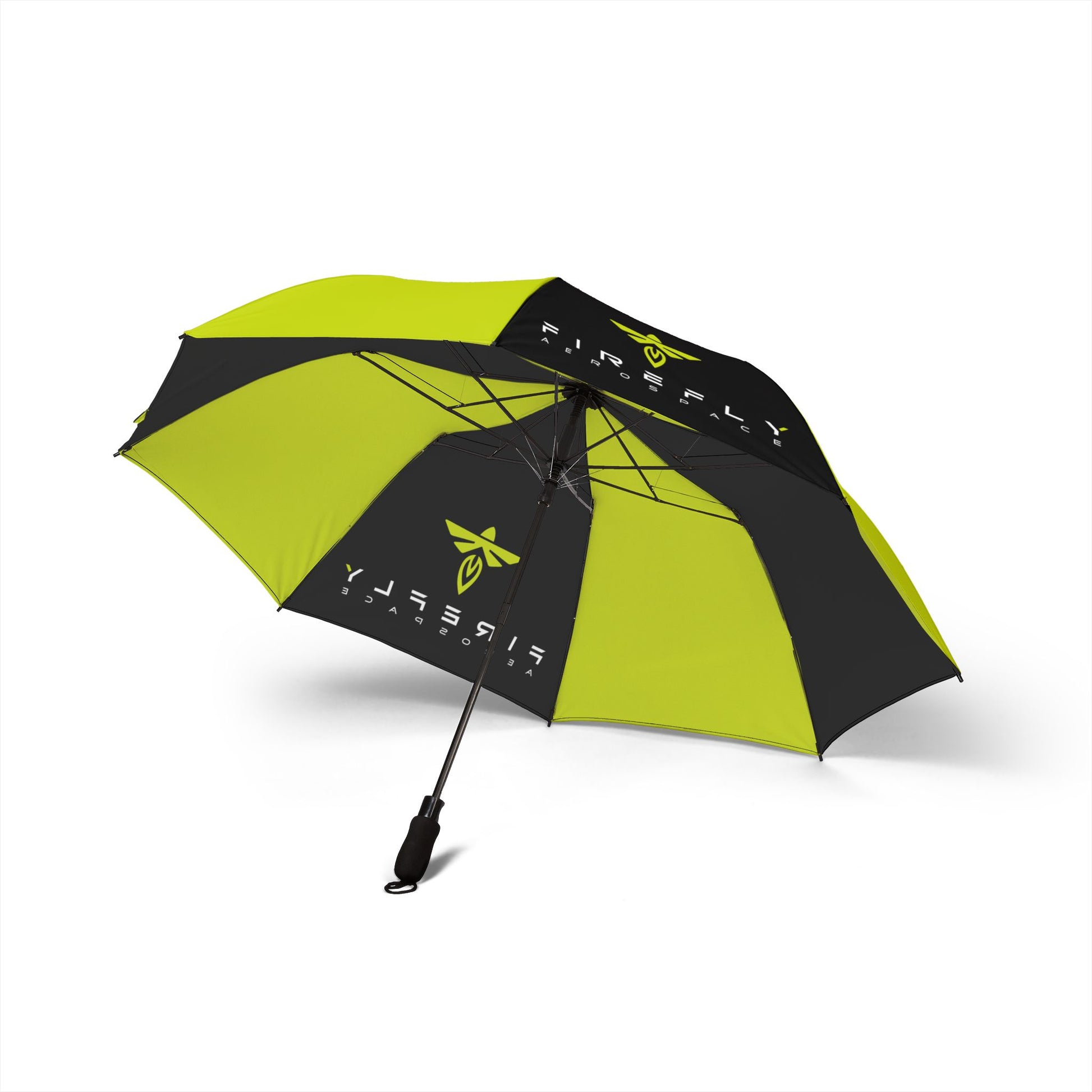 A black and lime green umbrella with custom printed branding, shown open on a white background.