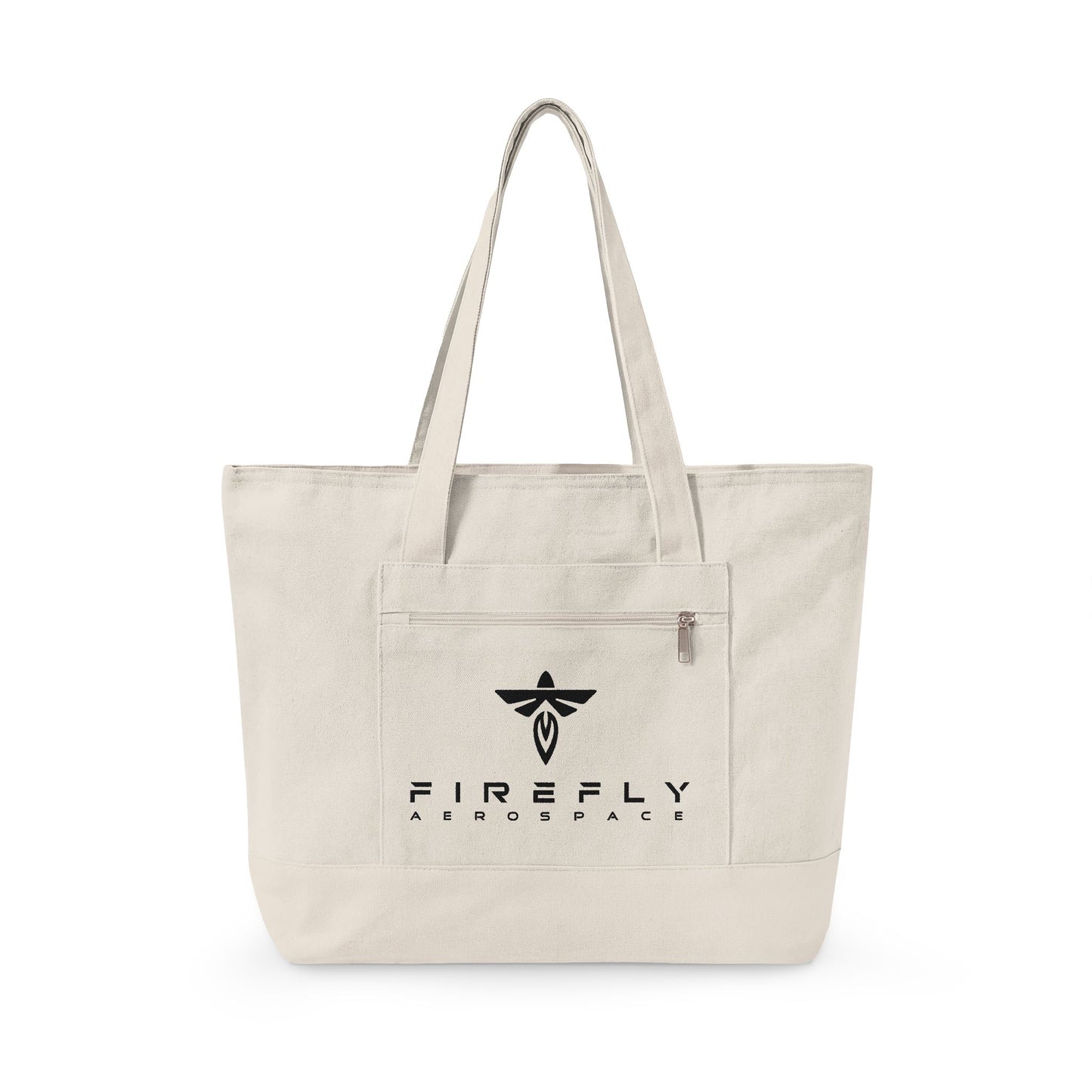 Beige tote bag with Firefly Aerospace logo on a white background
