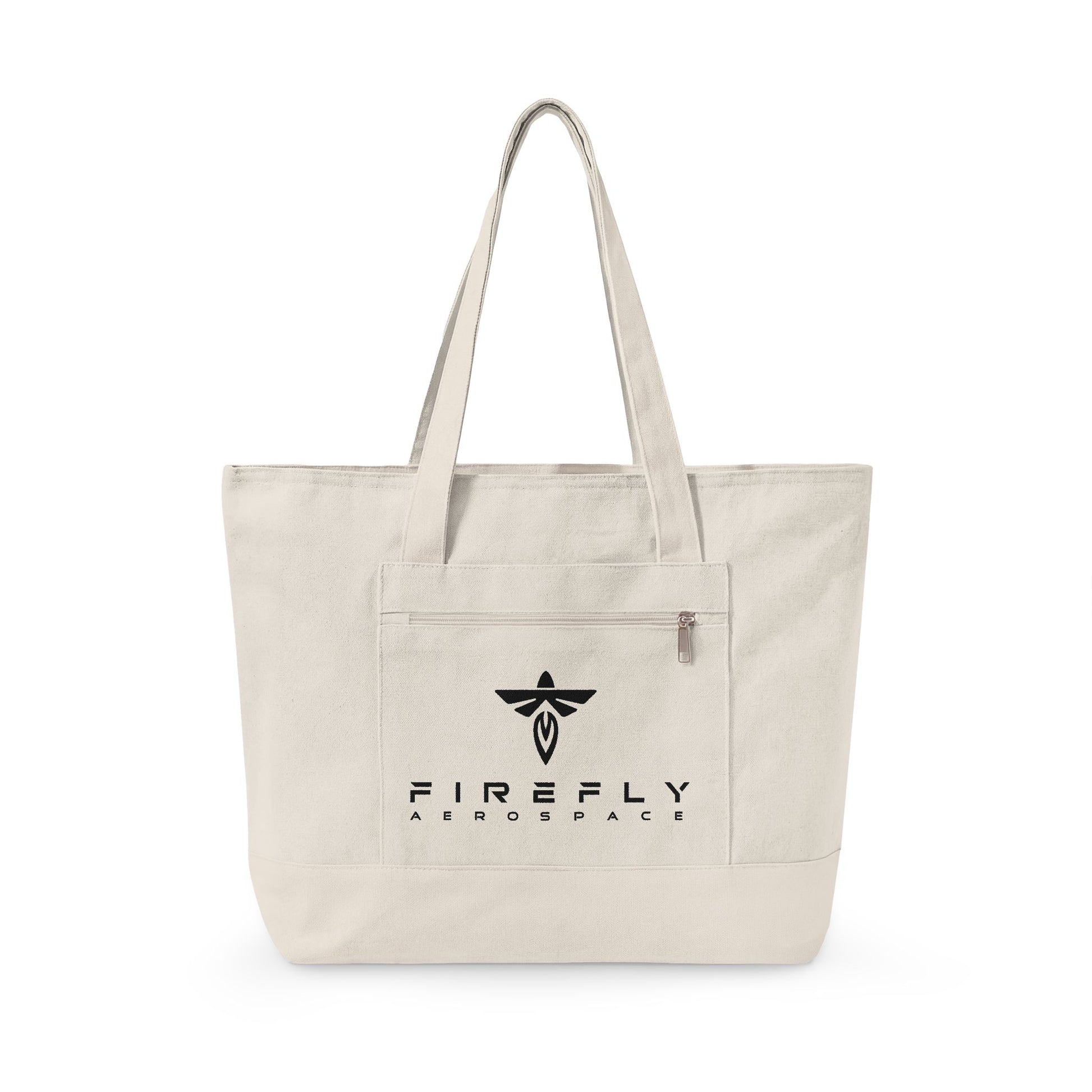 Beige tote bag with Firefly Aerospace logo on a white background