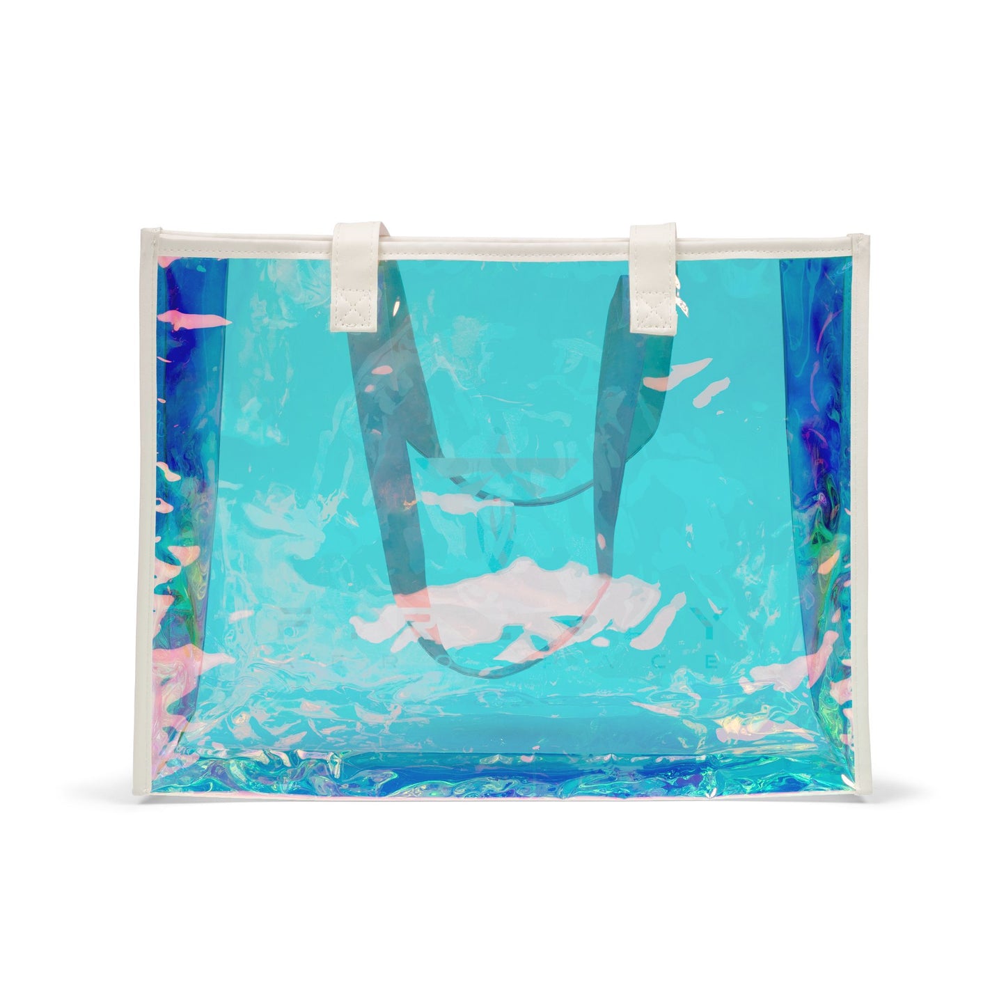 Transparent bag with a colorful abstract design on a white background