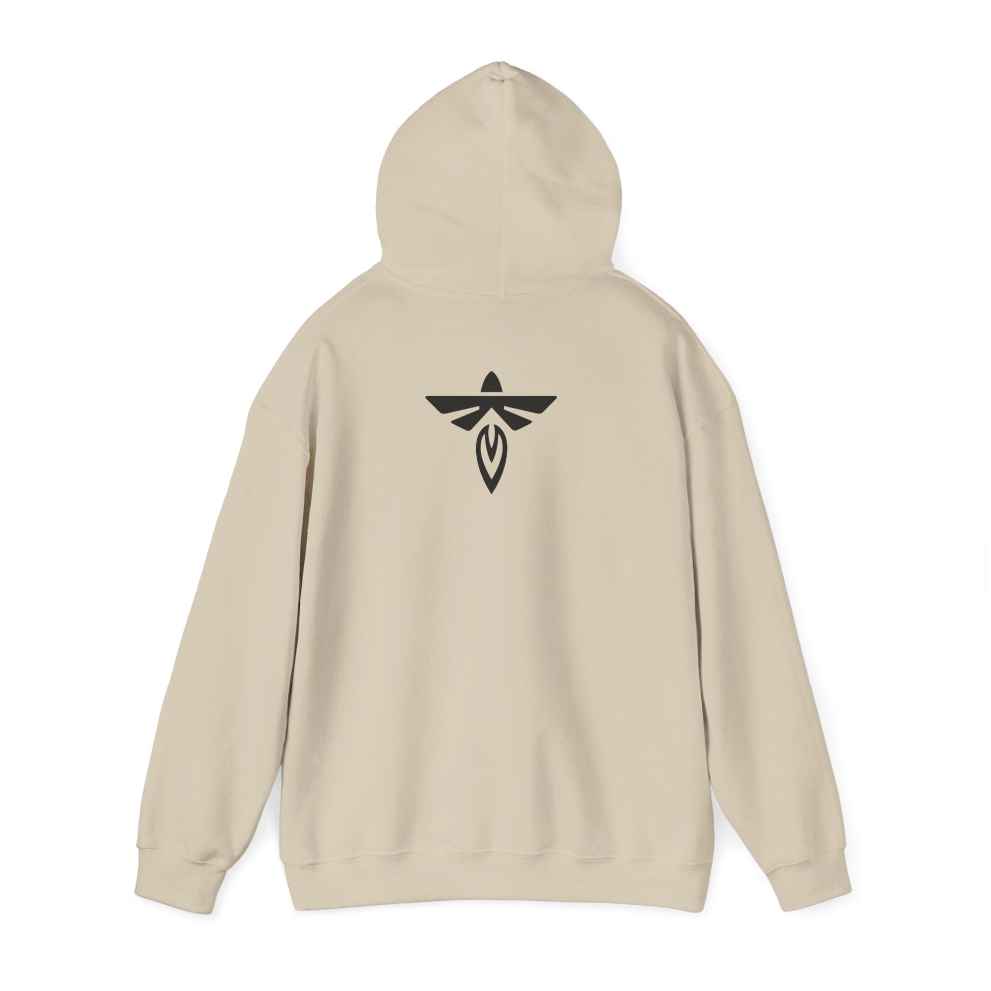 Beige hoodie with a black logo on the back2