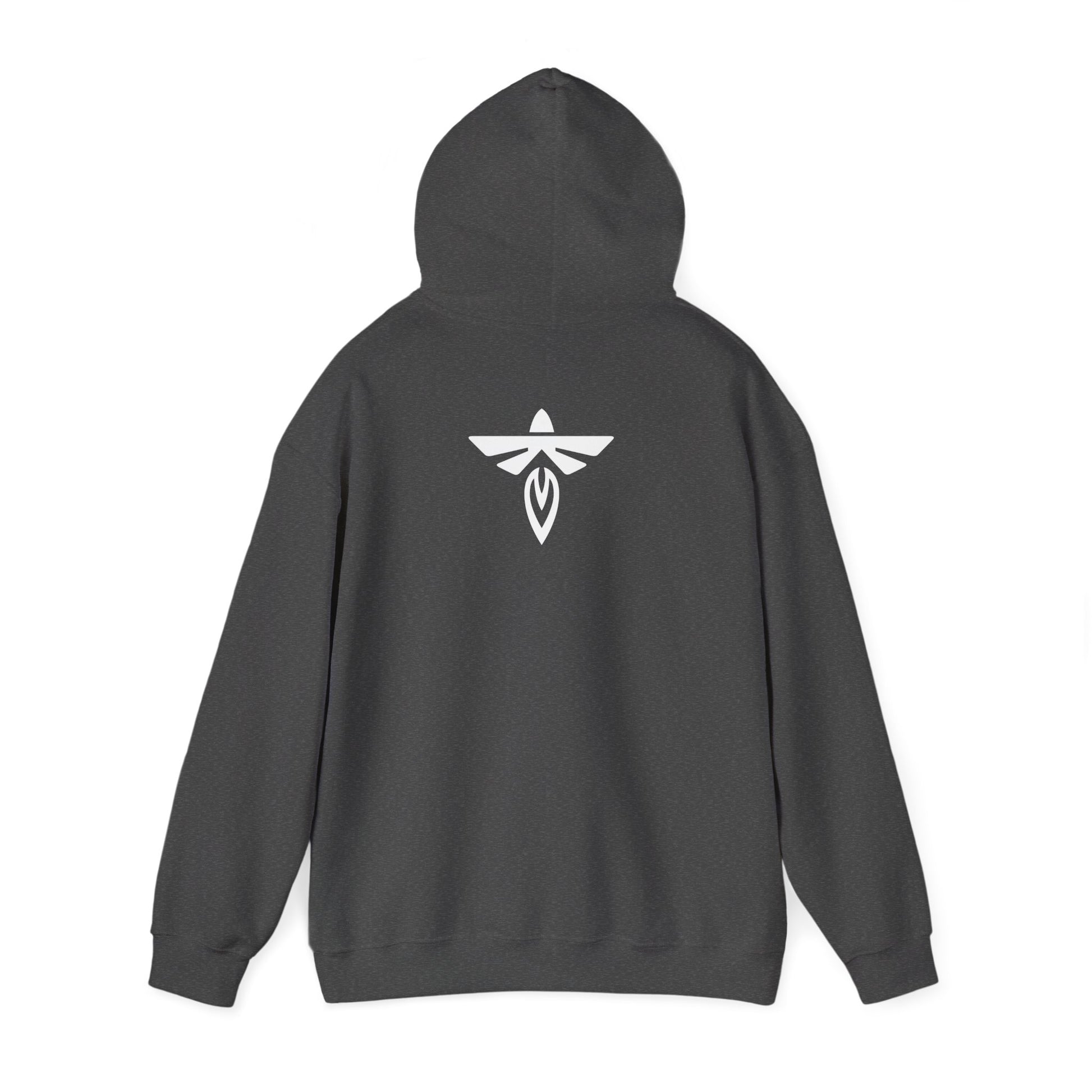Dark gray hoodie with a white logo on the back