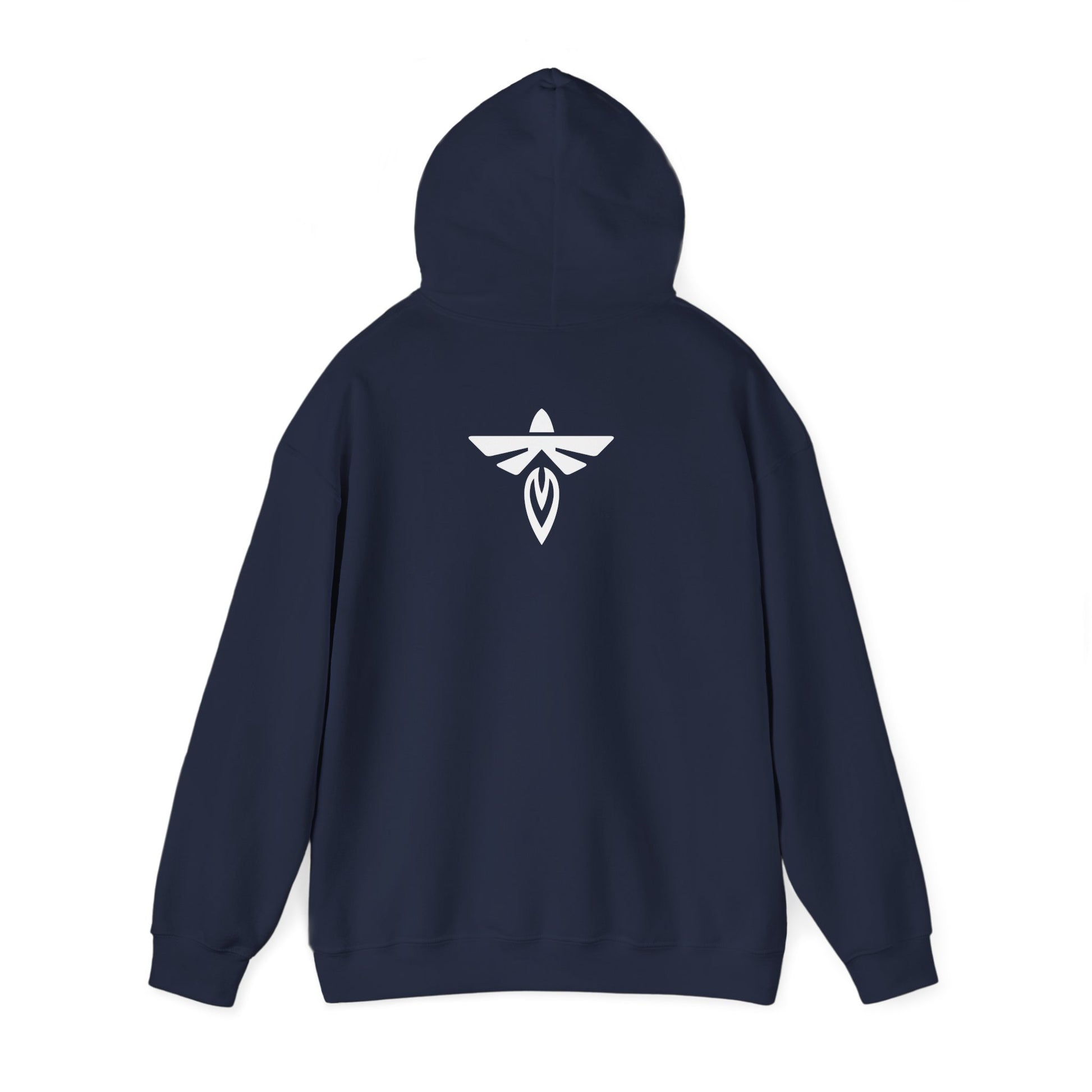 Navy blue hoodie with white text on the back