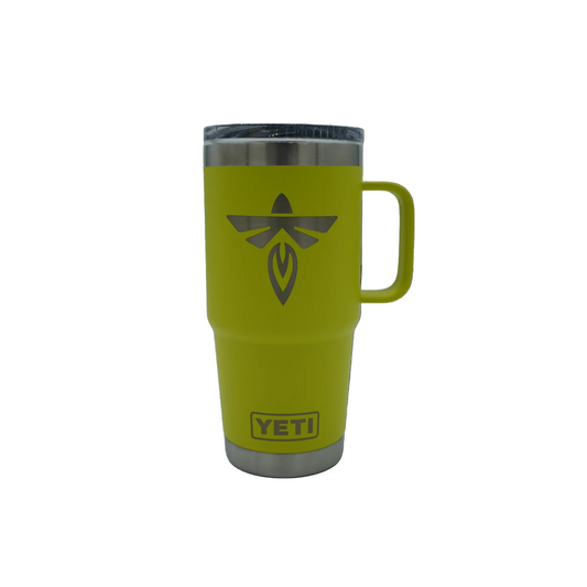 Yellow YETI mug with a logo on a white background