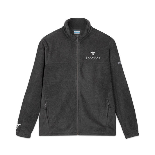 A dark gray heather fleece zip-up jacket with a stand-up collar, featuring a white printed logo on the left chest that reads 'FIREFIGHT' beneath a cross symbol. The jacket is displayed flat against a solid white background.