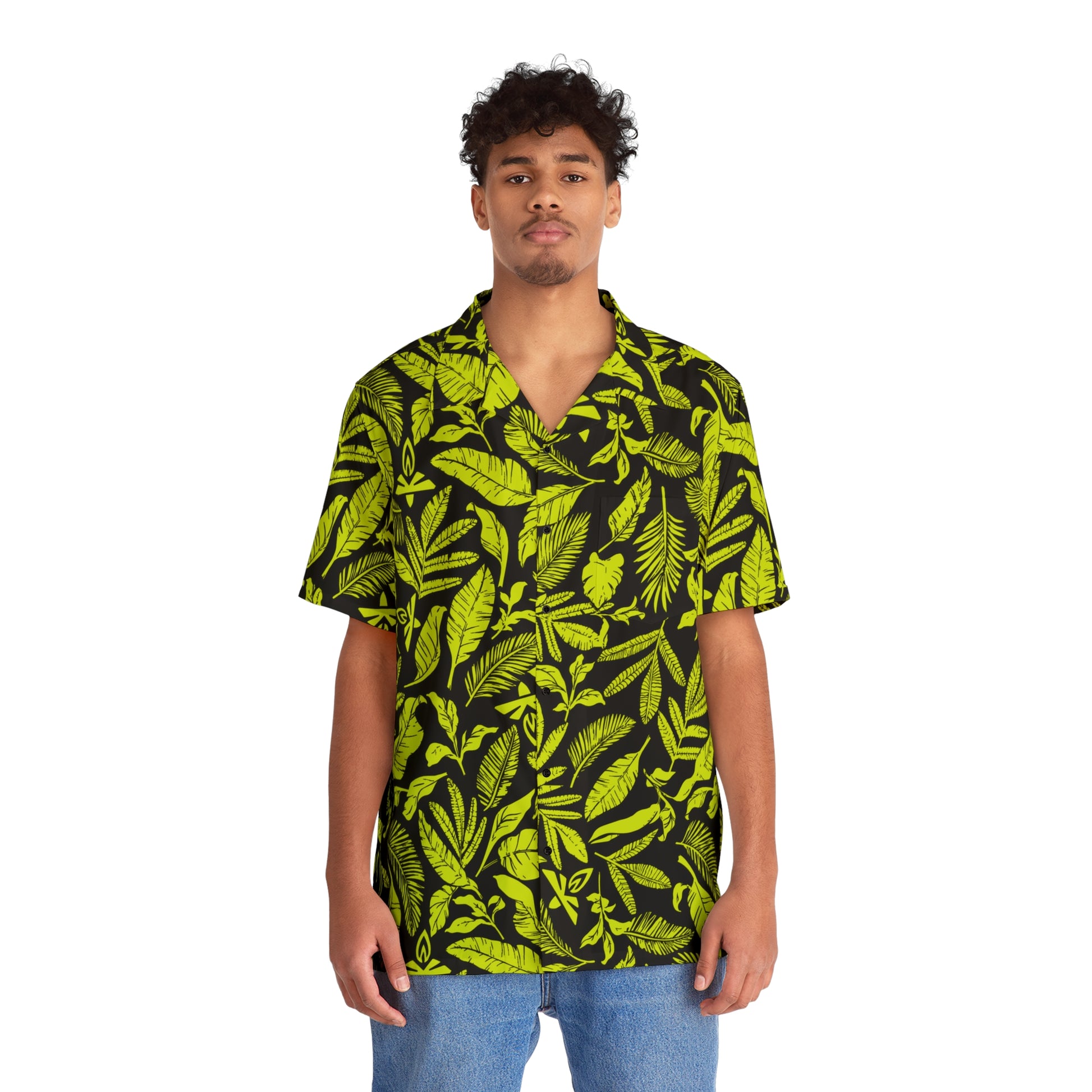 Man wearing a black and green leaf-patterned shirt on a white background