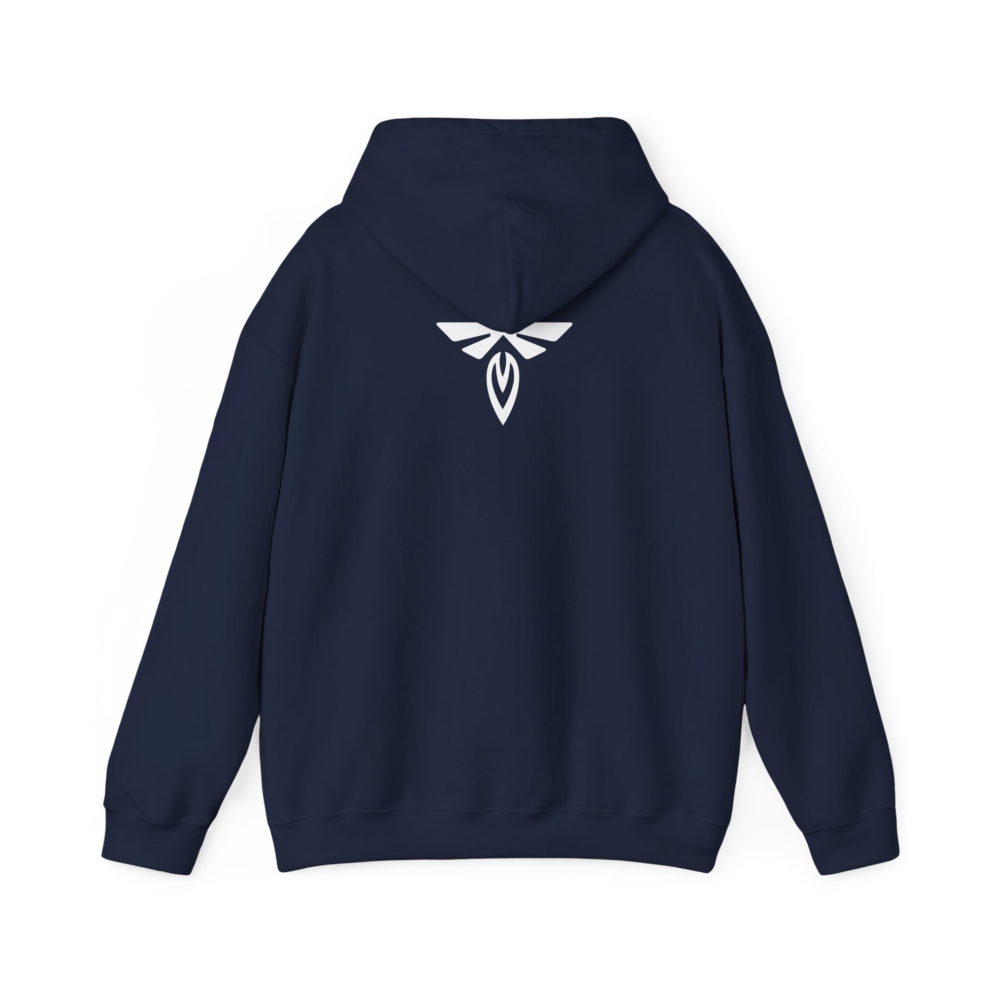 Navy blue hoodie with a white logo on the back